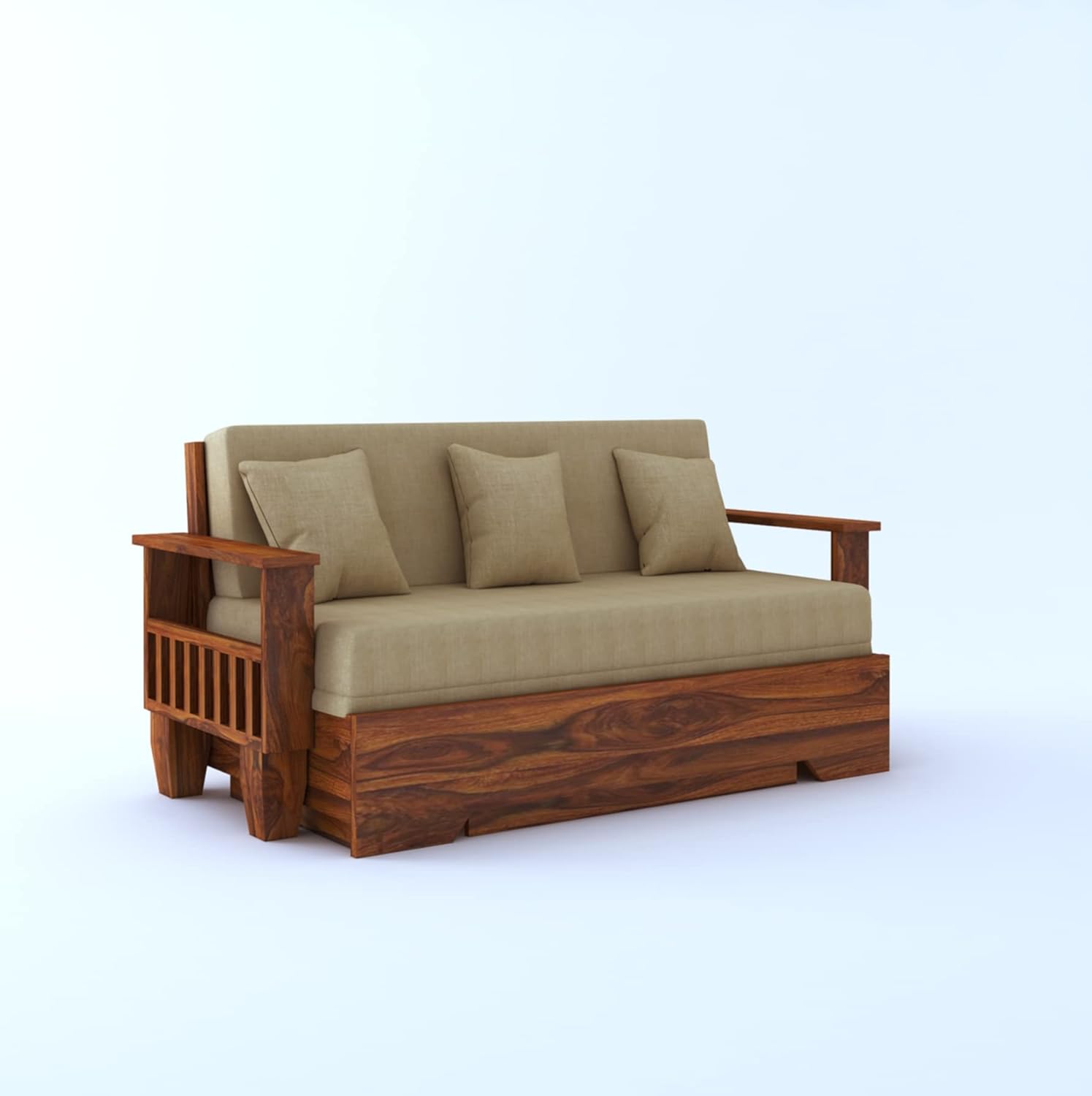 Ganpati Arts Sheesham Wood 3 Seater Sofa Cum Bed with Side Pocket for Living Room Bed Room Wooden Bedroom Furniture for Home (Natural Finish) 1 Year Warranty, Natural Finish Grey - Image 5