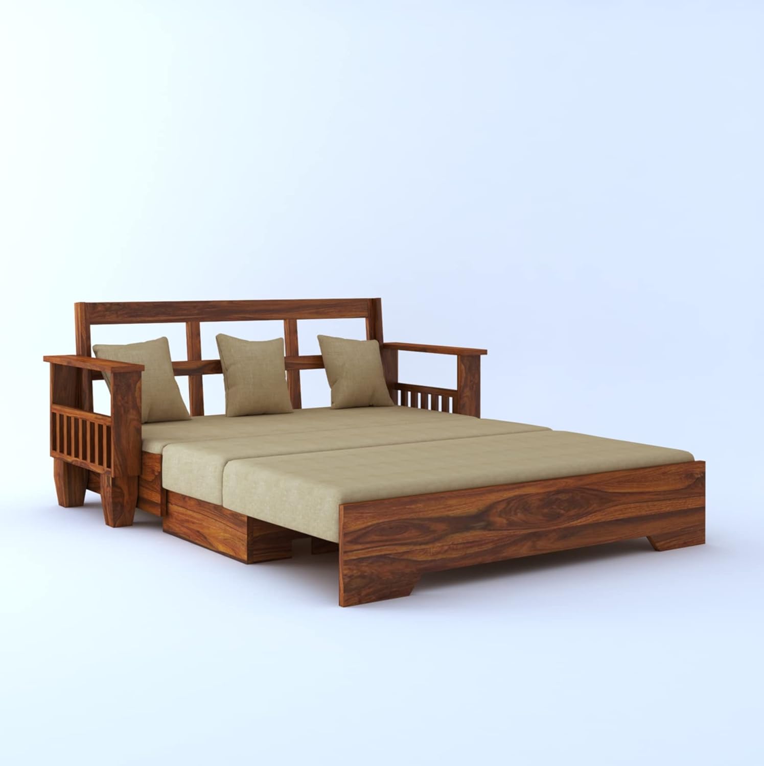 Ganpati Arts Sheesham Wood 3 Seater Sofa Cum Bed with Side Pocket for Living Room Bed Room Wooden Bedroom Furniture for Home (Natural Finish) 1 Year Warranty, Natural Finish Grey - Image 7