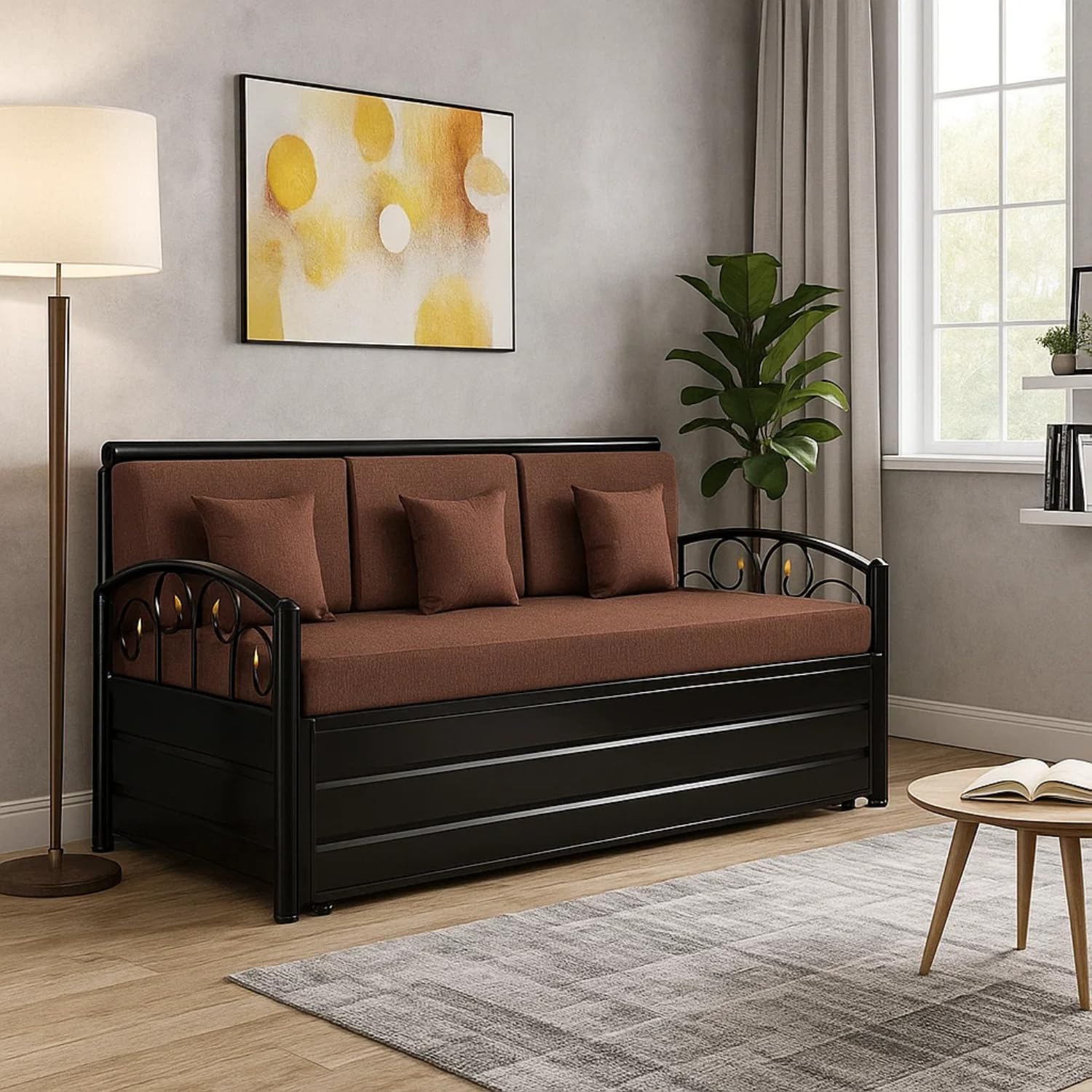 Single Size Matte Black Metal Sofa Cum Bed with Hydraulic Storage - 3 Seater | Brown (6X4) 3-Person Sofa - Image 3