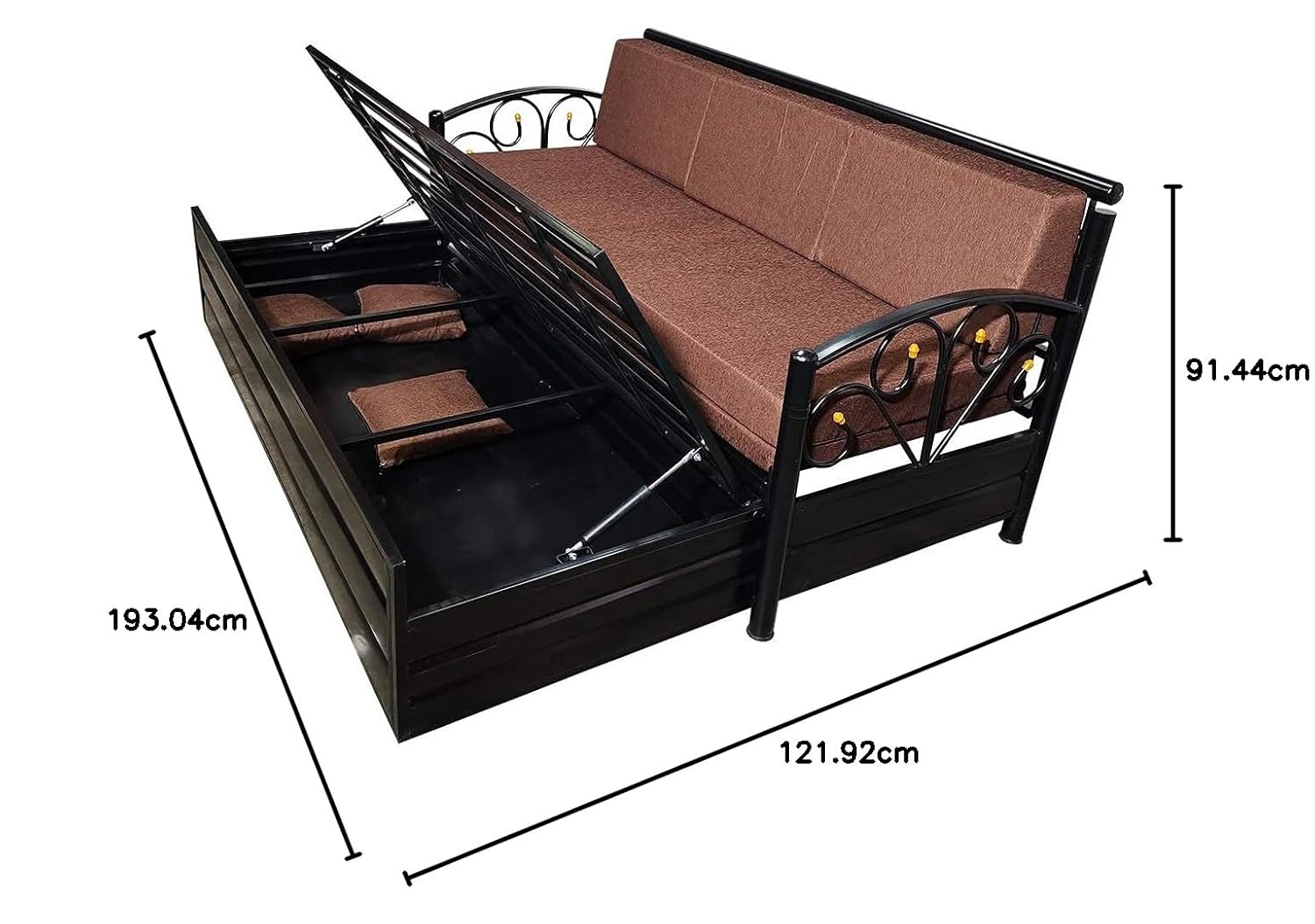 Single Size Matte Black Metal Sofa Cum Bed with Hydraulic Storage - 3 Seater | Brown (6X4) 3-Person Sofa - Image 4