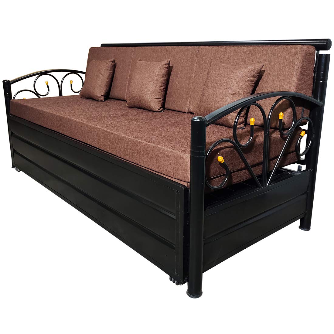 Single Size Matte Black Metal Sofa Cum Bed with Hydraulic Storage - 3 Seater | Brown (6X4) 3-Person Sofa - Image 5