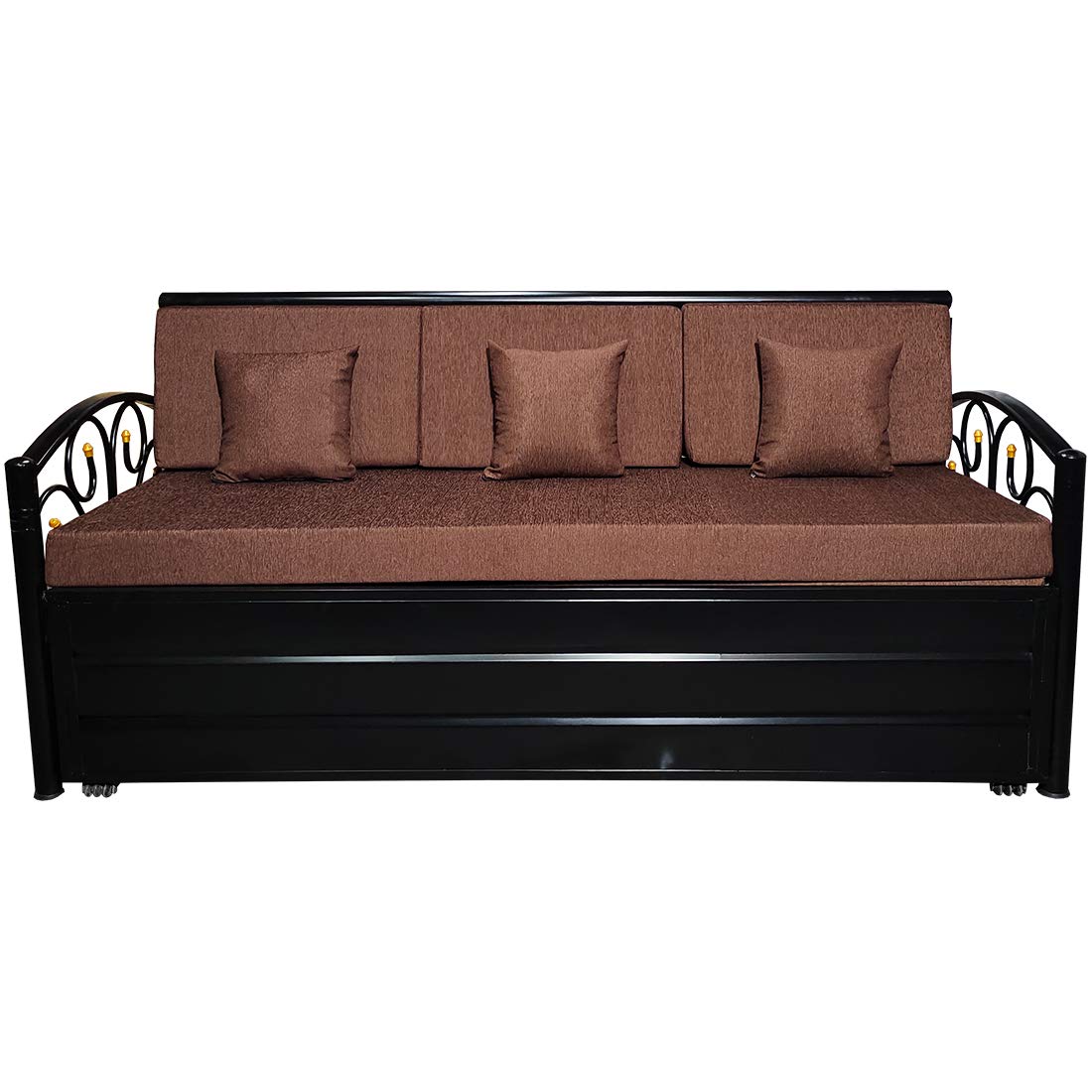Single Size Matte Black Metal Sofa Cum Bed with Hydraulic Storage - 3 Seater | Brown (6X4) 3-Person Sofa - Image 6