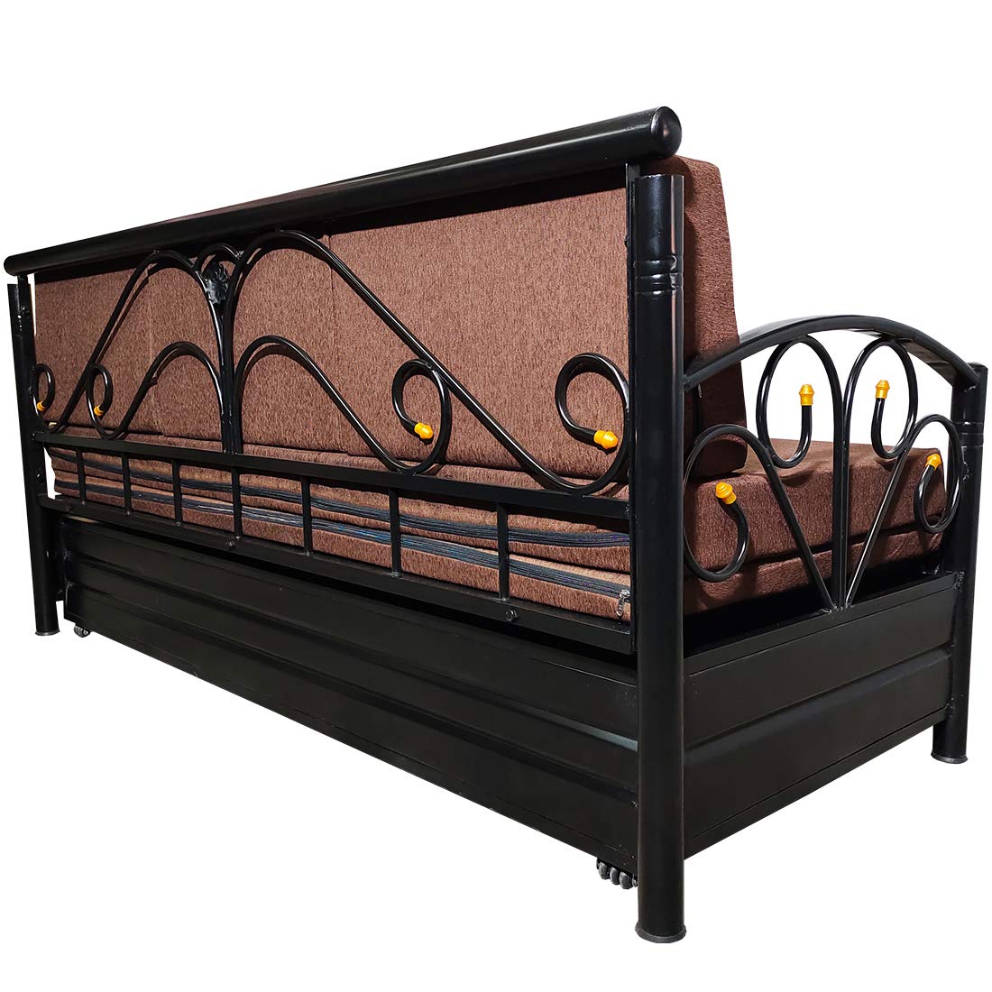 Single Size Matte Black Metal Sofa Cum Bed with Hydraulic Storage - 3 Seater | Brown (6X4) 3-Person Sofa - Image 8