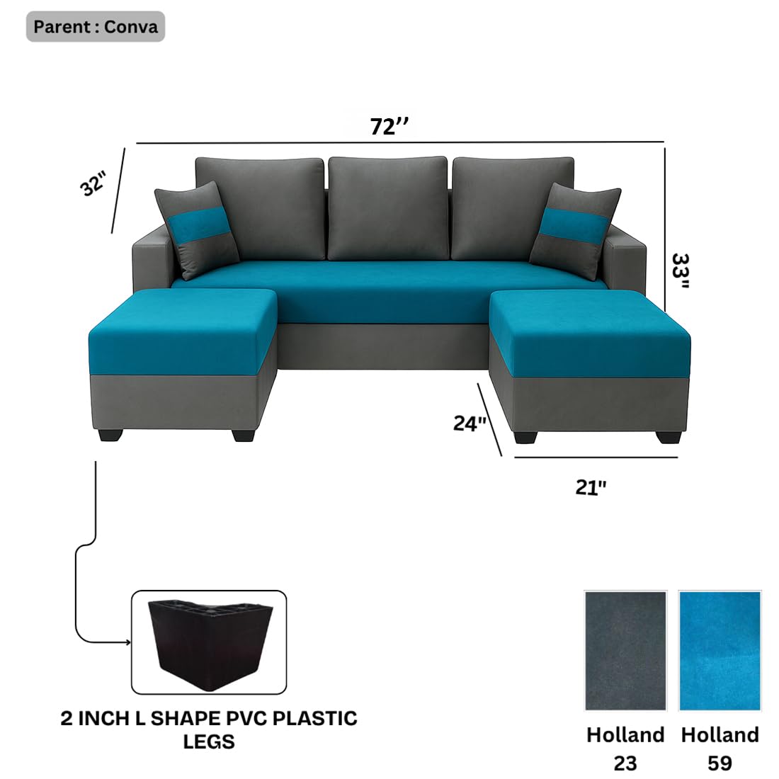 FURNY Aura 3 Seater Modular Fabric Sofa Set with 2 Ottomans (Aqua Blue-Dark Grey) | 5-Person Seating with Premium Velvet Finish | | Ideal for Living Room - Image 3