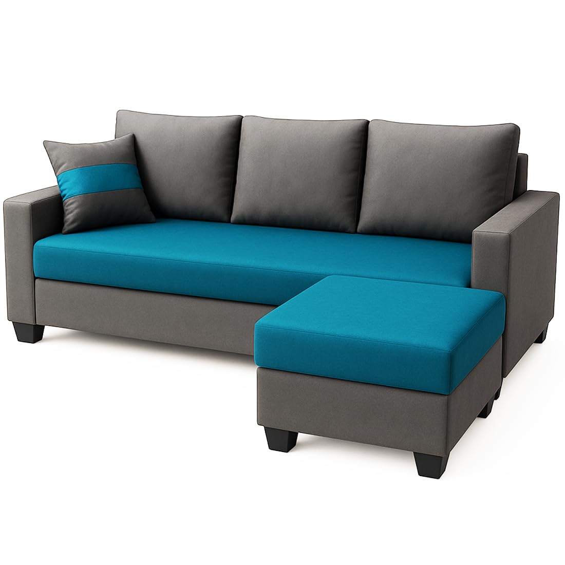 FURNY Aura 3 Seater Modular Fabric Sofa Set with 2 Ottomans (Aqua Blue-Dark Grey) | 5-Person Seating with Premium Velvet Finish | | Ideal for Living Room - Image 4