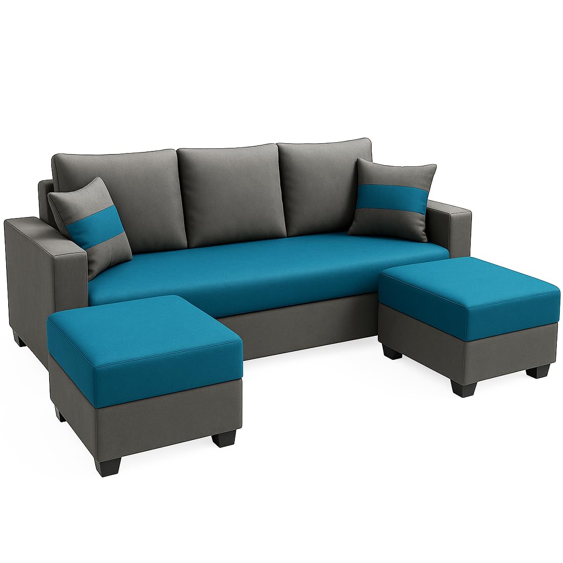 FURNY Aura 3 Seater Modular Fabric Sofa Set with 2 Ottomans (Aqua Blue-Dark Grey) | 5-Person Seating with Premium Velvet Finish | | Ideal for Living Room - Image 6