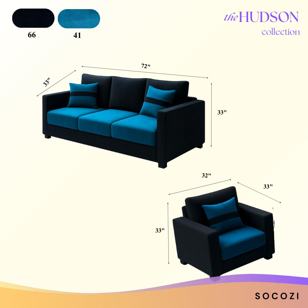Hudson 5 Seater Sofa Set |3+1+1 Sofa Set, Soft Velvet Suede Fabric | Modern Design | Plush Comfort Cushions for Living Room (Black-Aqua Blue) - Image 3