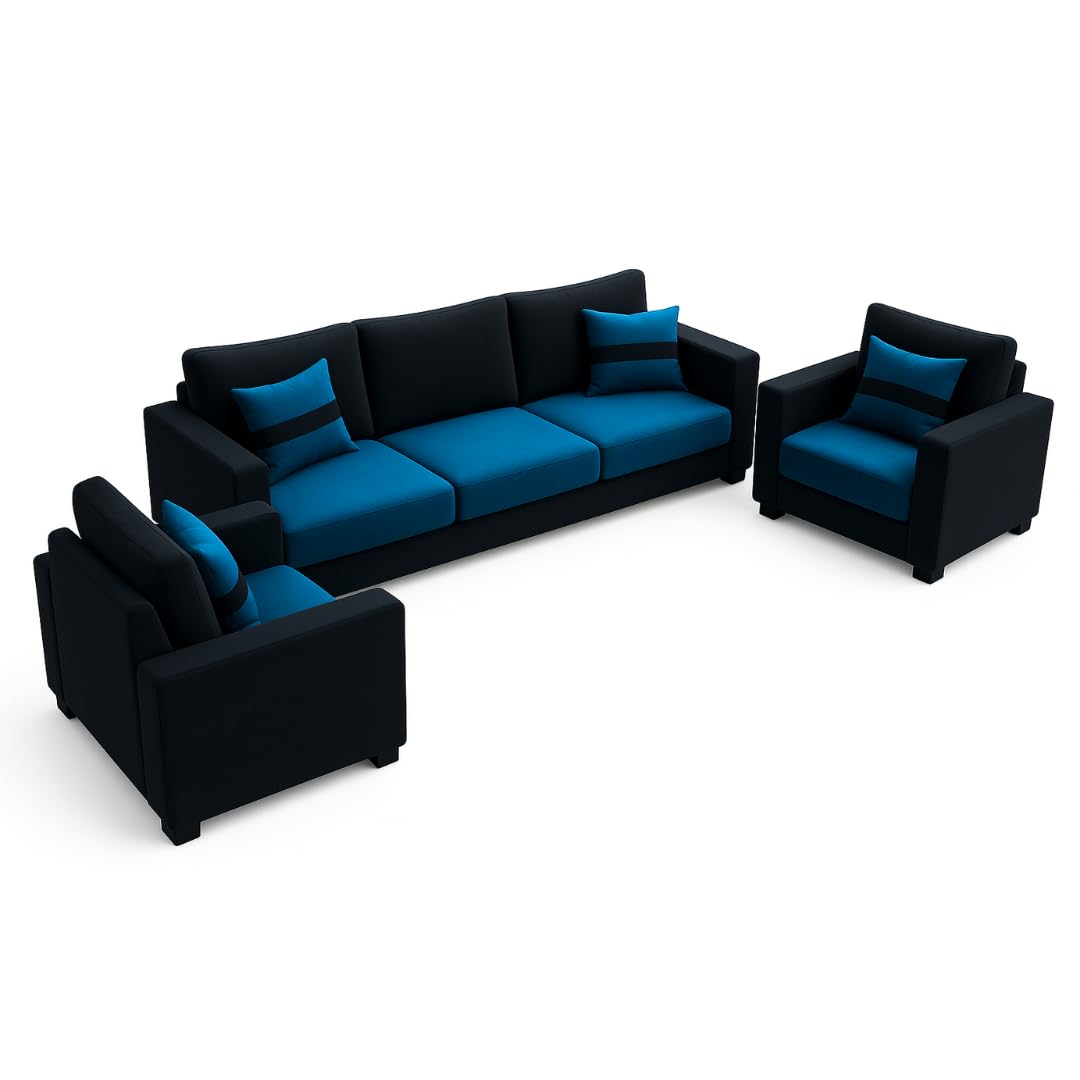 Hudson 5 Seater Sofa Set |3+1+1 Sofa Set, Soft Velvet Suede Fabric | Modern Design | Plush Comfort Cushions for Living Room (Black-Aqua Blue) - Image 5