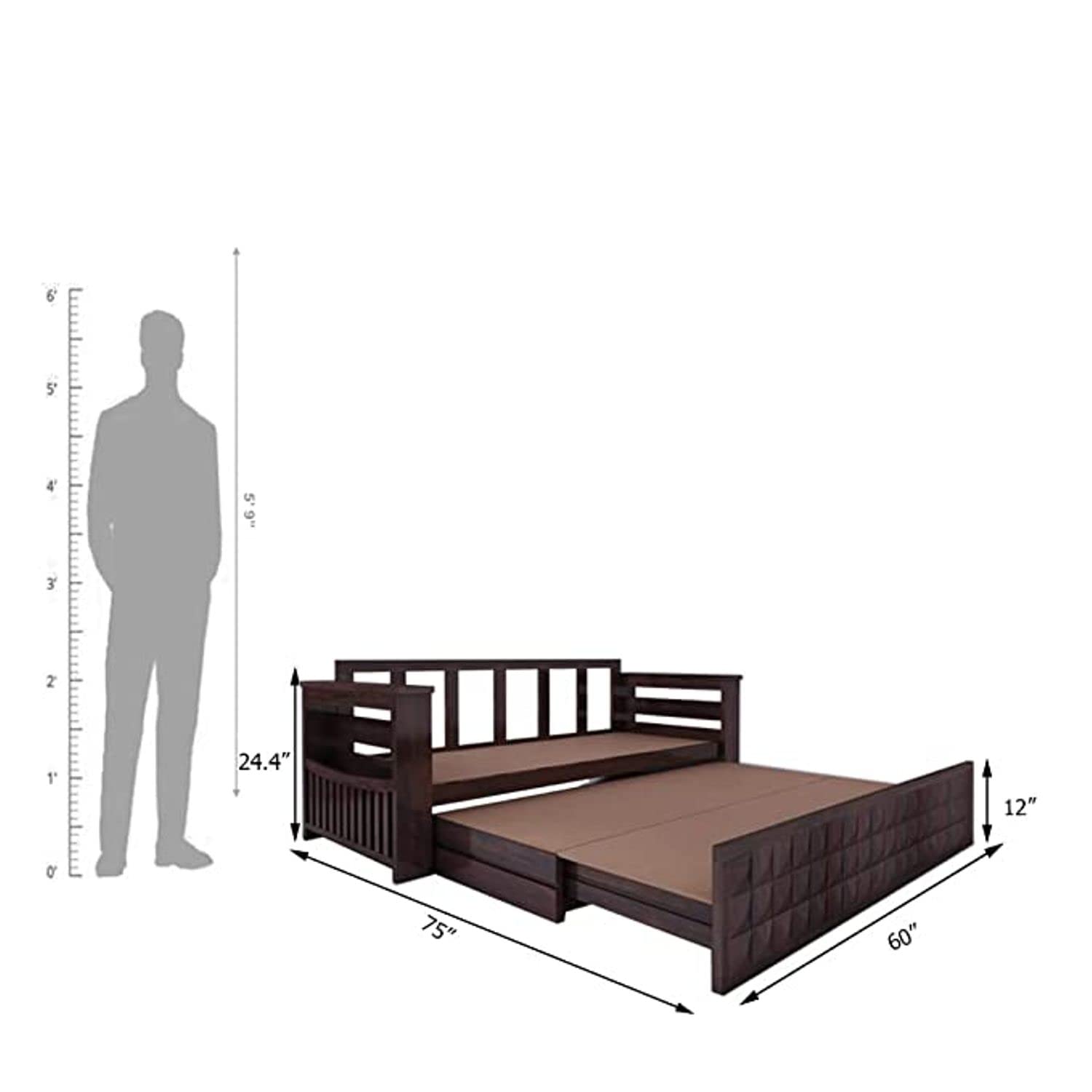 GANPATI ARTS Solid Sheesham Wood Diamond 3-Person Sofa Cum Bed With Storage And Side Pockets For Living Room Hall Bedroom (Walnut Finish) - Image 3