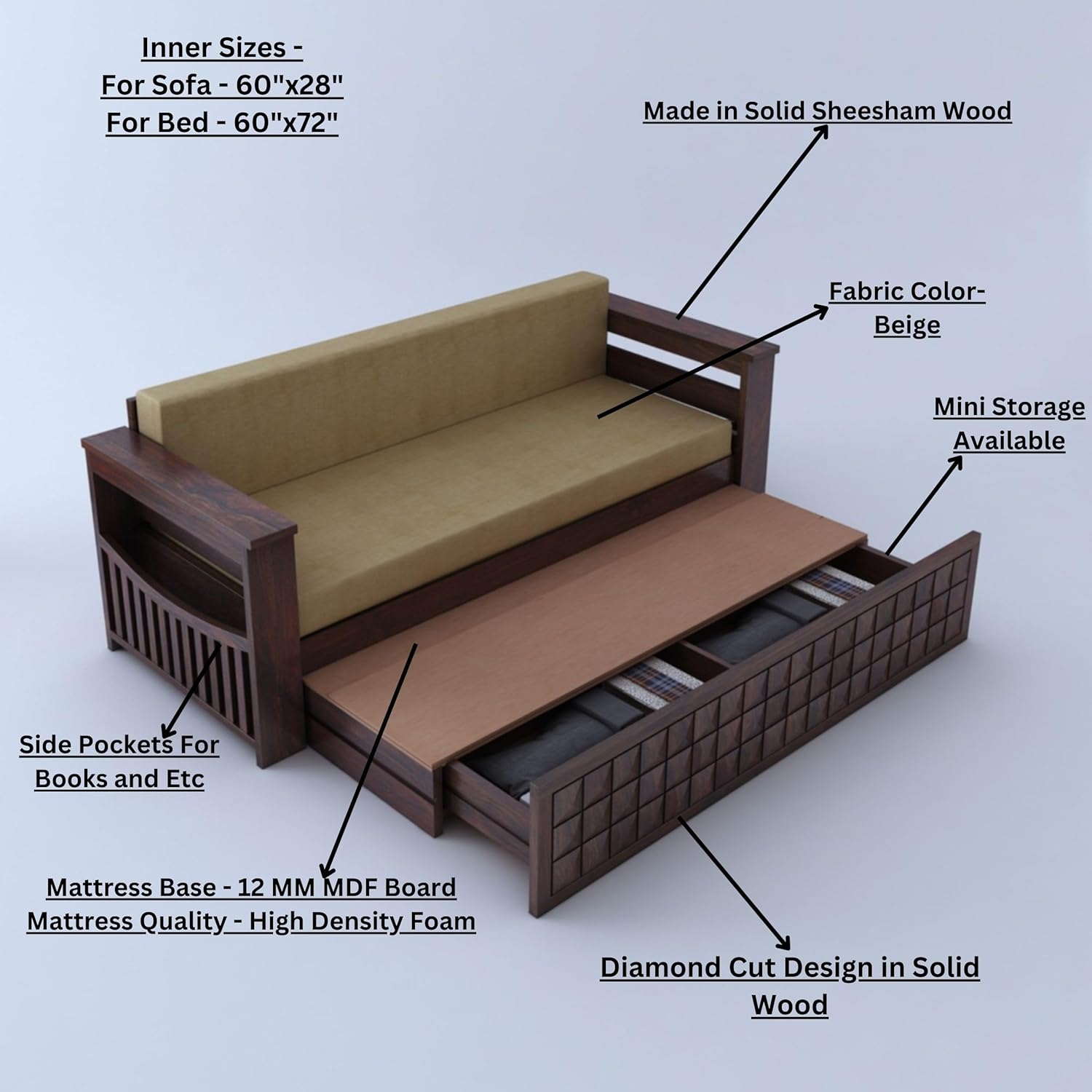 GANPATI ARTS Solid Sheesham Wood Diamond 3-Person Sofa Cum Bed With Storage And Side Pockets For Living Room Hall Bedroom (Walnut Finish) - Image 4