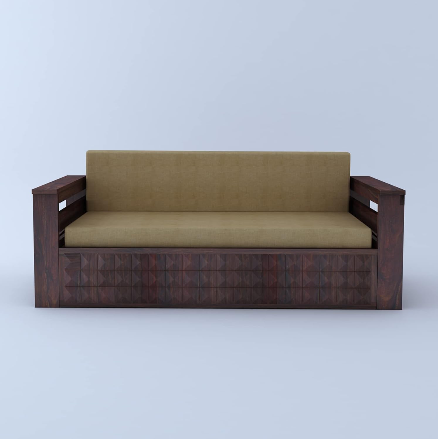 GANPATI ARTS Solid Sheesham Wood Diamond 3-Person Sofa Cum Bed With Storage And Side Pockets For Living Room Hall Bedroom (Walnut Finish) - Image 5