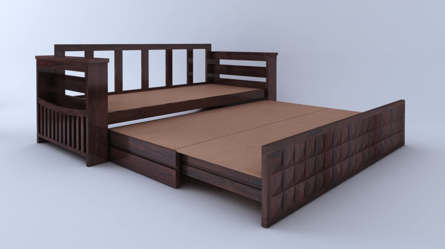 GANPATI ARTS Solid Sheesham Wood Diamond 3-Person Sofa Cum Bed With Storage And Side Pockets For Living Room Hall Bedroom (Walnut Finish) - Image 6