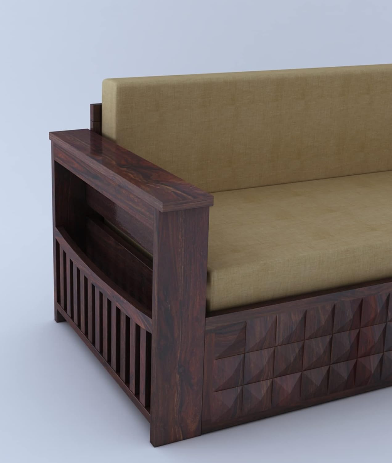 GANPATI ARTS Solid Sheesham Wood Diamond 3-Person Sofa Cum Bed With Storage And Side Pockets For Living Room Hall Bedroom (Walnut Finish) - Image 7