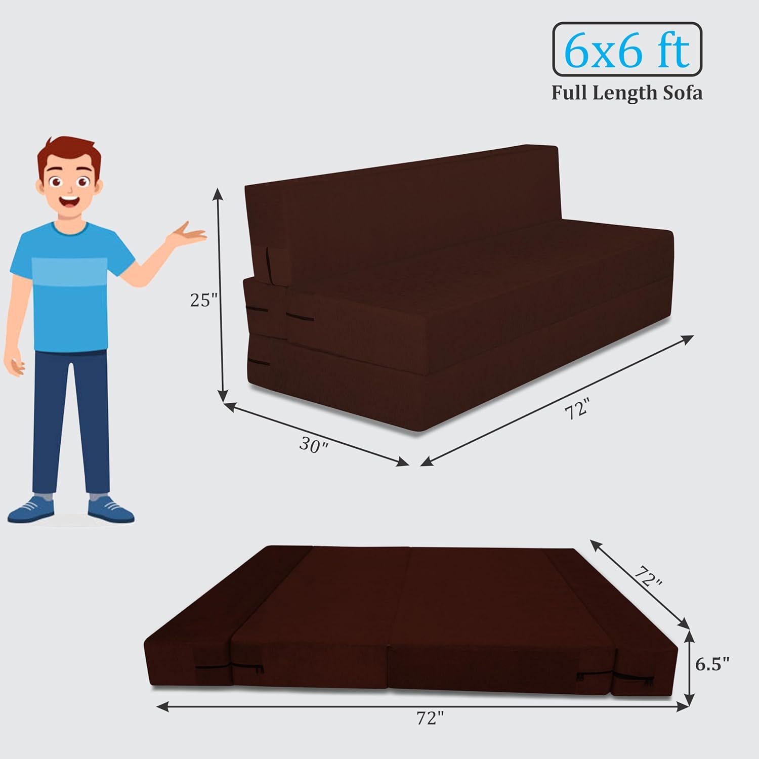 Adorn India Easy 4 Seater Sofa Cum Bed | Velvet Fabric | Brown | Plain Design | 6x6 Ft | Comfortable Seating | Washable Cover | Perfect for Home & Office - Image 3