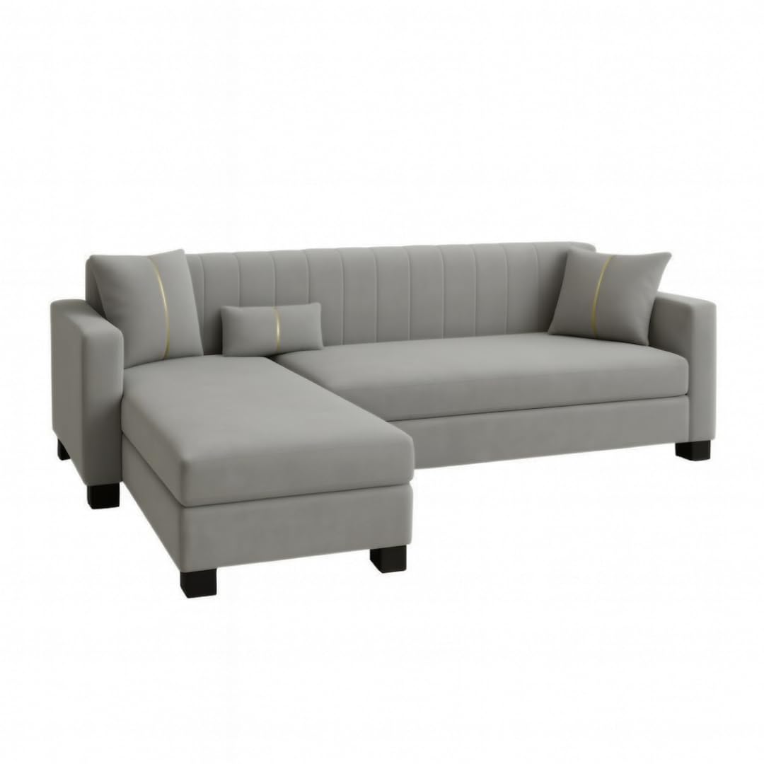 Almeria 4 Seater LHS L Shape Sofa Set | Soft Velvet Suede Fabric | Modern Design | Plush Comfort Cushions for Living Room (Light Grey) - Image 4