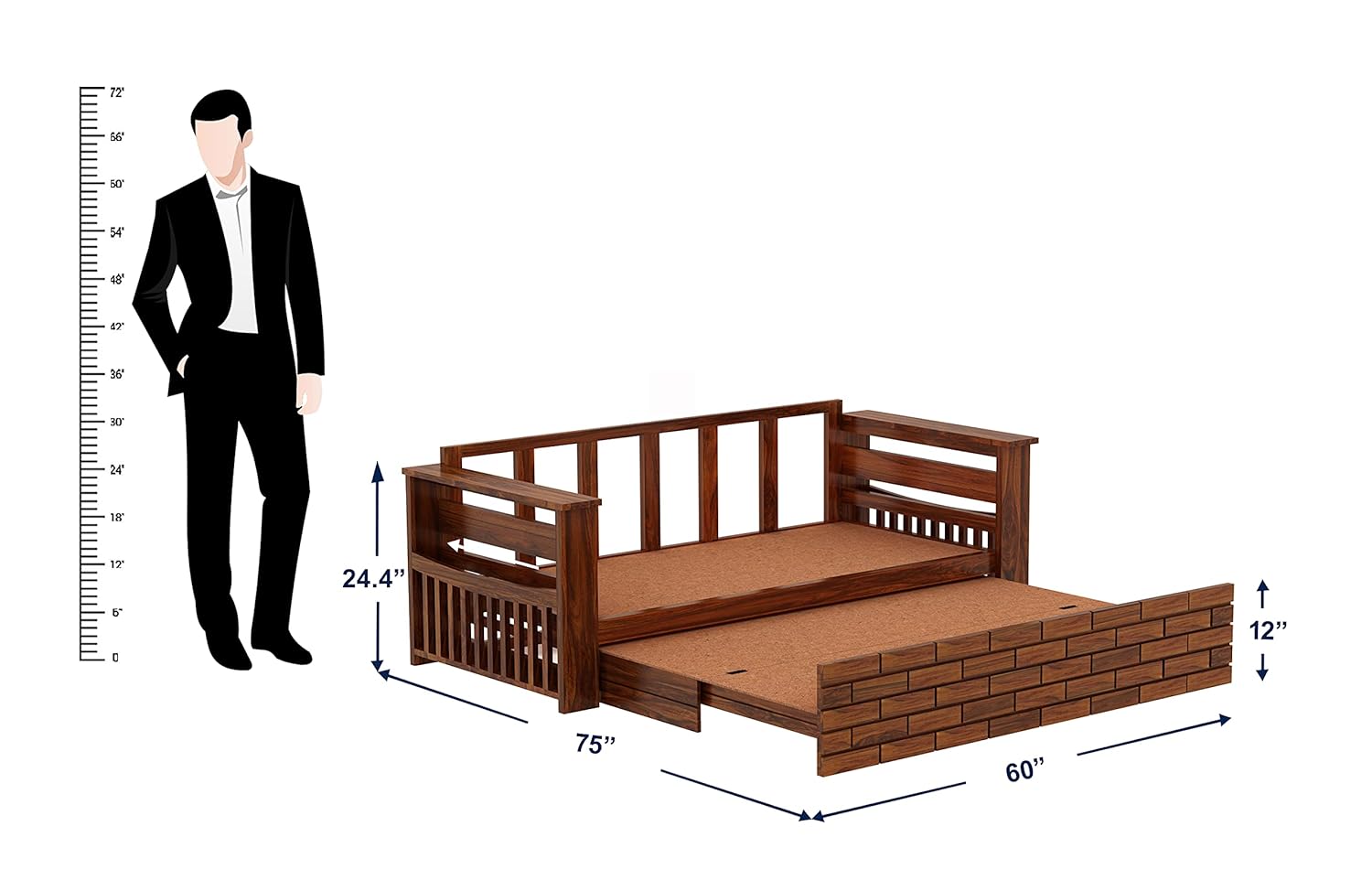 Ganpati Arts Sheesham Wood 3 Seater Sofa Cum Bed for Bedroom 1 Year Warranty (Brown) - Image 3