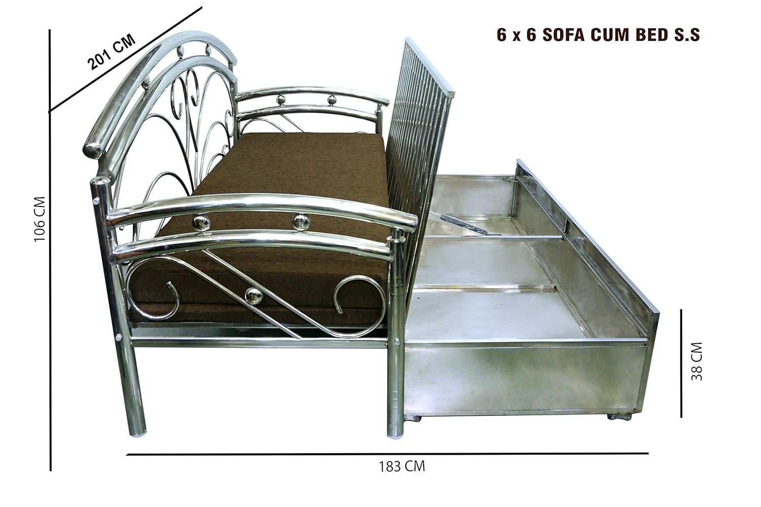 Stainless Steel King Size Sofa Cum Bed with Hydraulic Storage Sofa Cum Bed (Silver, Brown) - Image 3