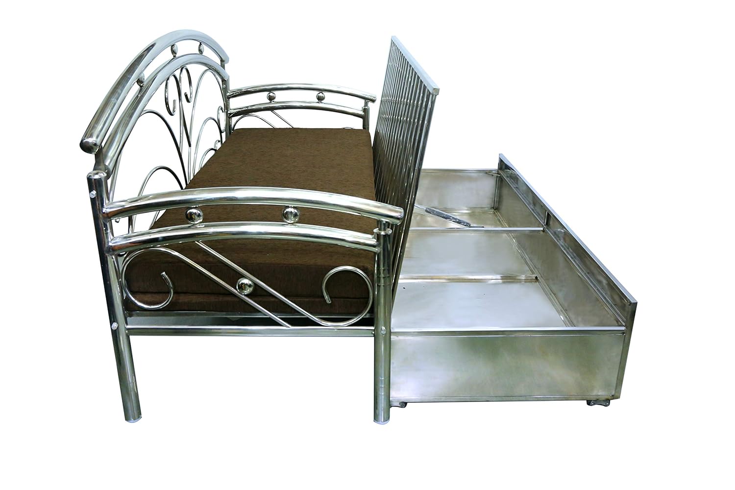 Stainless Steel King Size Sofa Cum Bed with Hydraulic Storage Sofa Cum Bed (Silver, Brown) - Image 5