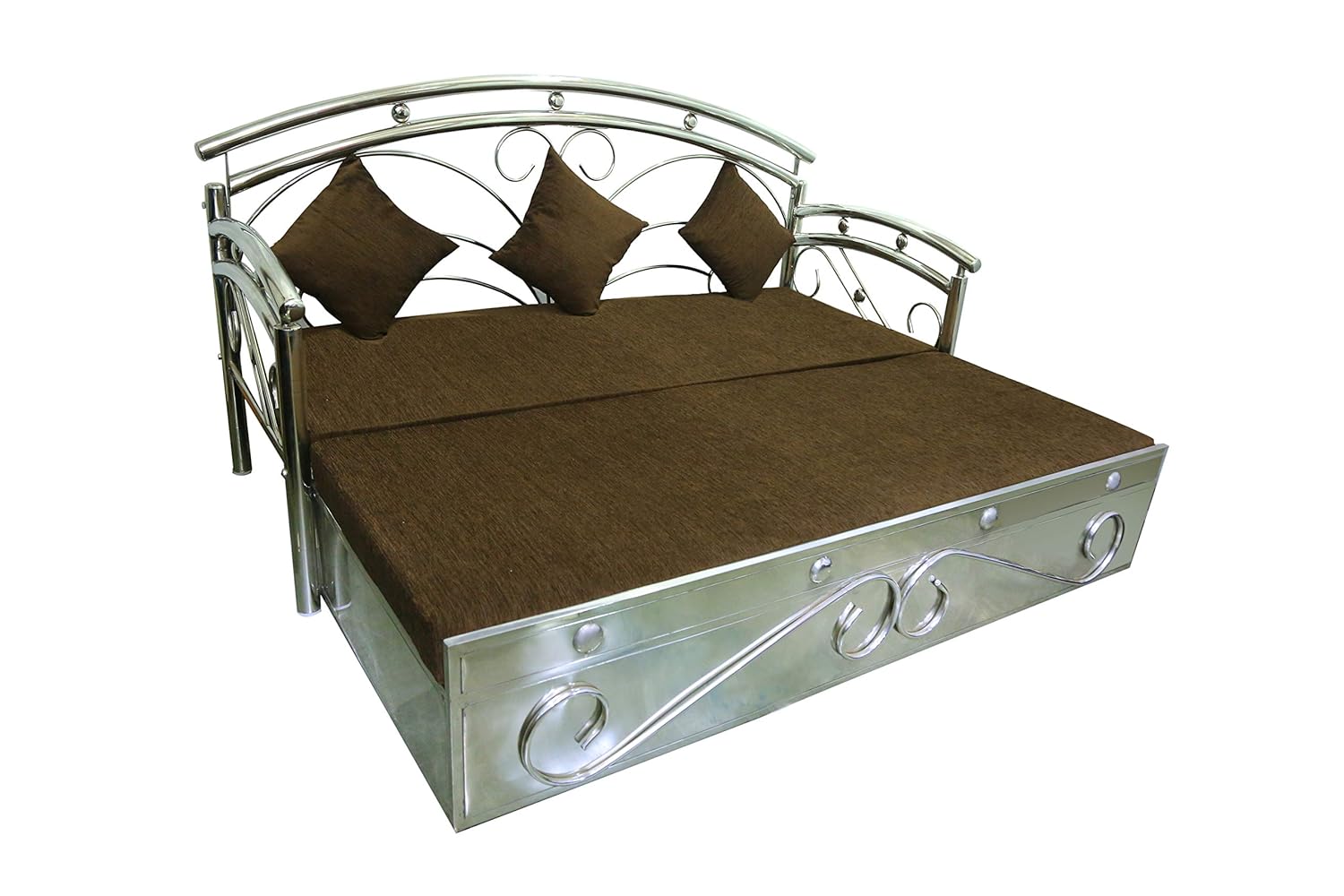 Stainless Steel King Size Sofa Cum Bed with Hydraulic Storage Sofa Cum Bed (Silver, Brown) - Image 9