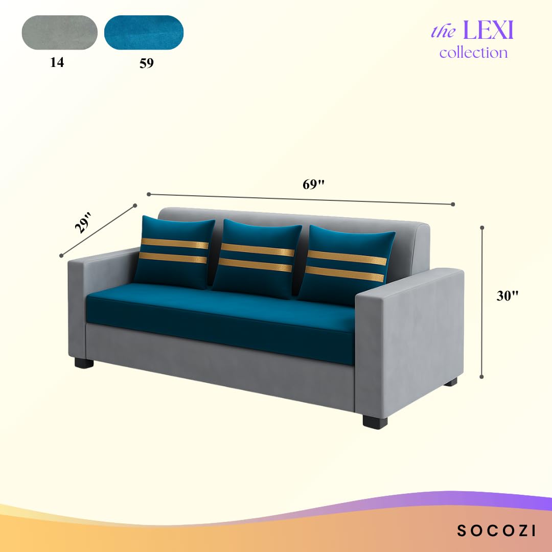 Lexico 3 Seater Sofa Set | Soft Velvet Suede Fabric | Modern Design | Plush Comfort Cushions for Living Room, (Golden Stripped Cushion-Light Grey-Aqua Blue) - Image 3