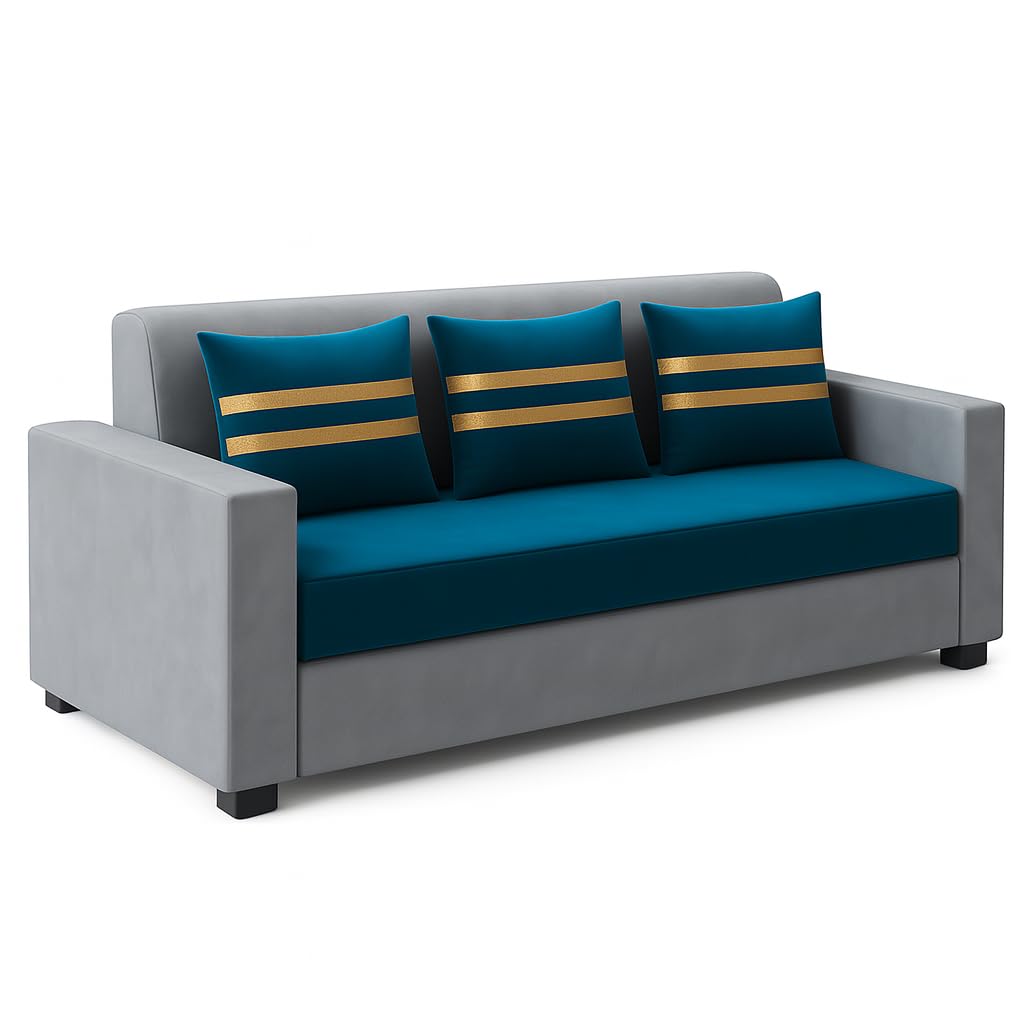 Lexico 3 Seater Sofa Set | Soft Velvet Suede Fabric | Modern Design | Plush Comfort Cushions for Living Room, (Golden Stripped Cushion-Light Grey-Aqua Blue) - Image 4