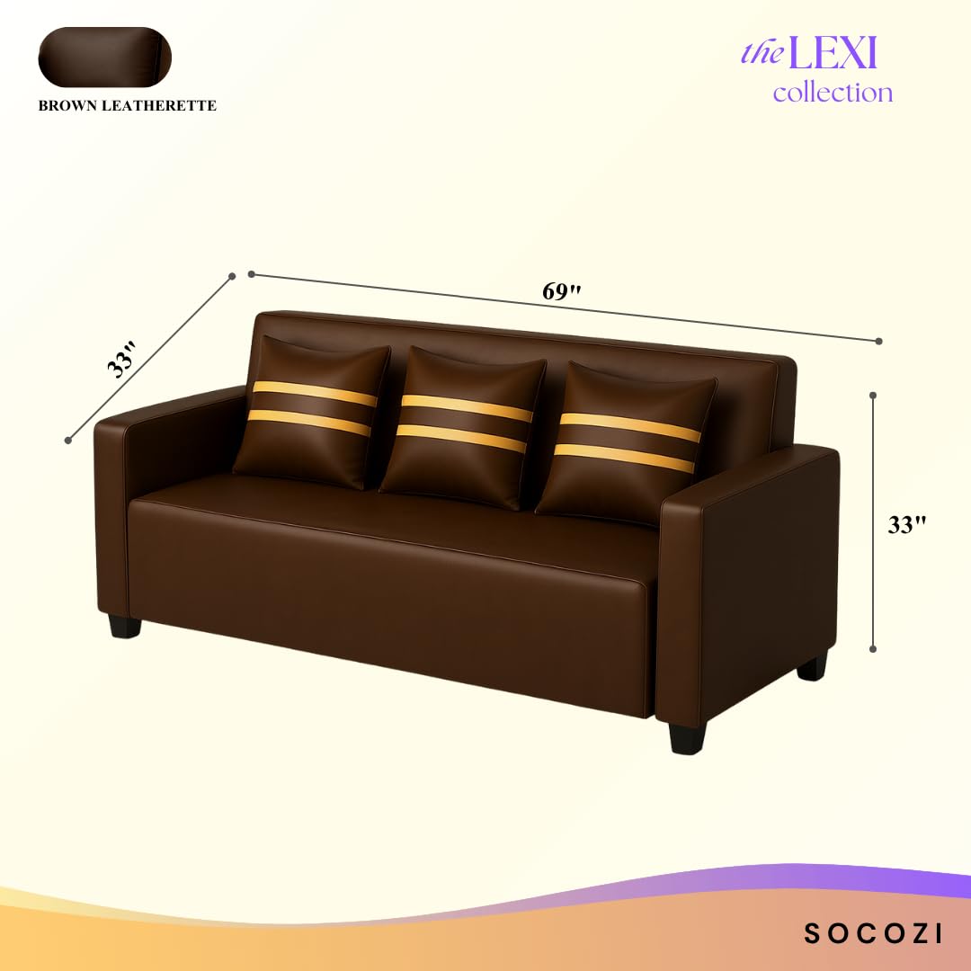 Lexiro 3 Seater Sofa Set | Premium Leatherette Upholstery | Modern Design | Plush Comfort Cushions for Living Room (Golden Stripped Cushion-Brown) - Image 3