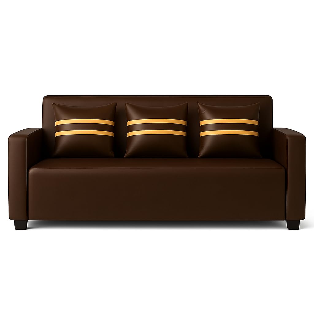 Lexiro 3 Seater Sofa Set | Premium Leatherette Upholstery | Modern Design | Plush Comfort Cushions for Living Room (Golden Stripped Cushion-Brown) - Image 4