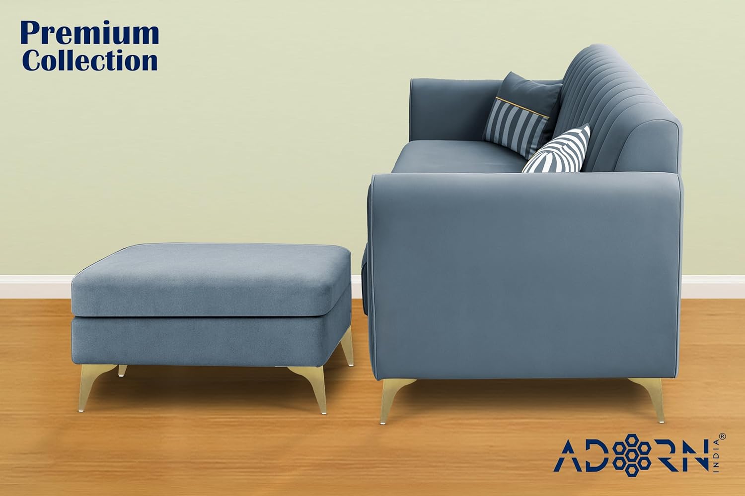 Adorn India Premium Luster 4 Seater L Shape Sofa Set | Velvet Suede Fabric | 3-Year Warranty | Color Grey with Golden Legs & Striped Pattern Cushion - Image 3