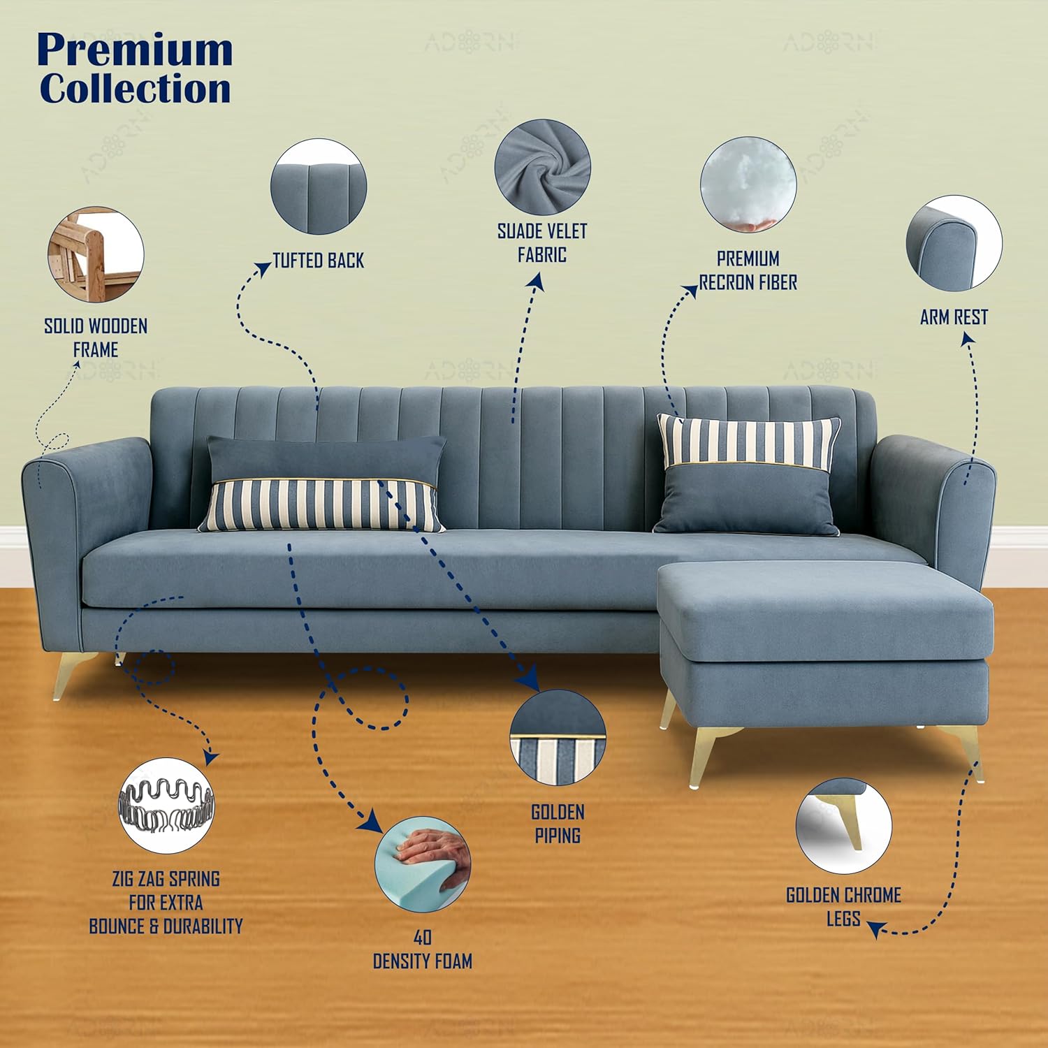 Adorn India Premium Luster 4 Seater L Shape Sofa Set | Velvet Suede Fabric | 3-Year Warranty | Color Grey with Golden Legs & Striped Pattern Cushion - Image 6