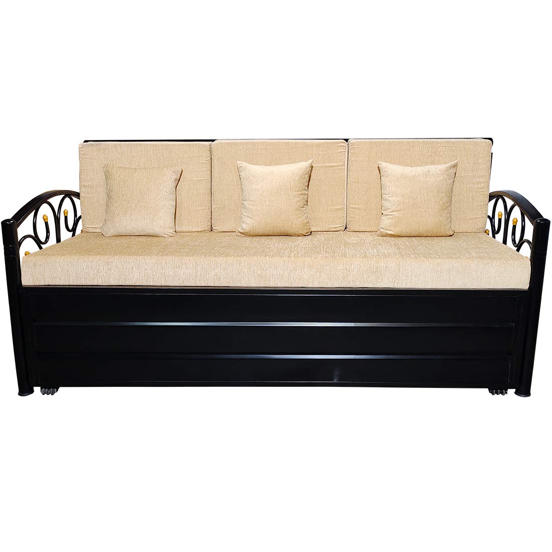 Matte Black Metal Sofa Cum Bed with Hydraulic Storage - 3 Seater | Cream (King Size) - Image 4