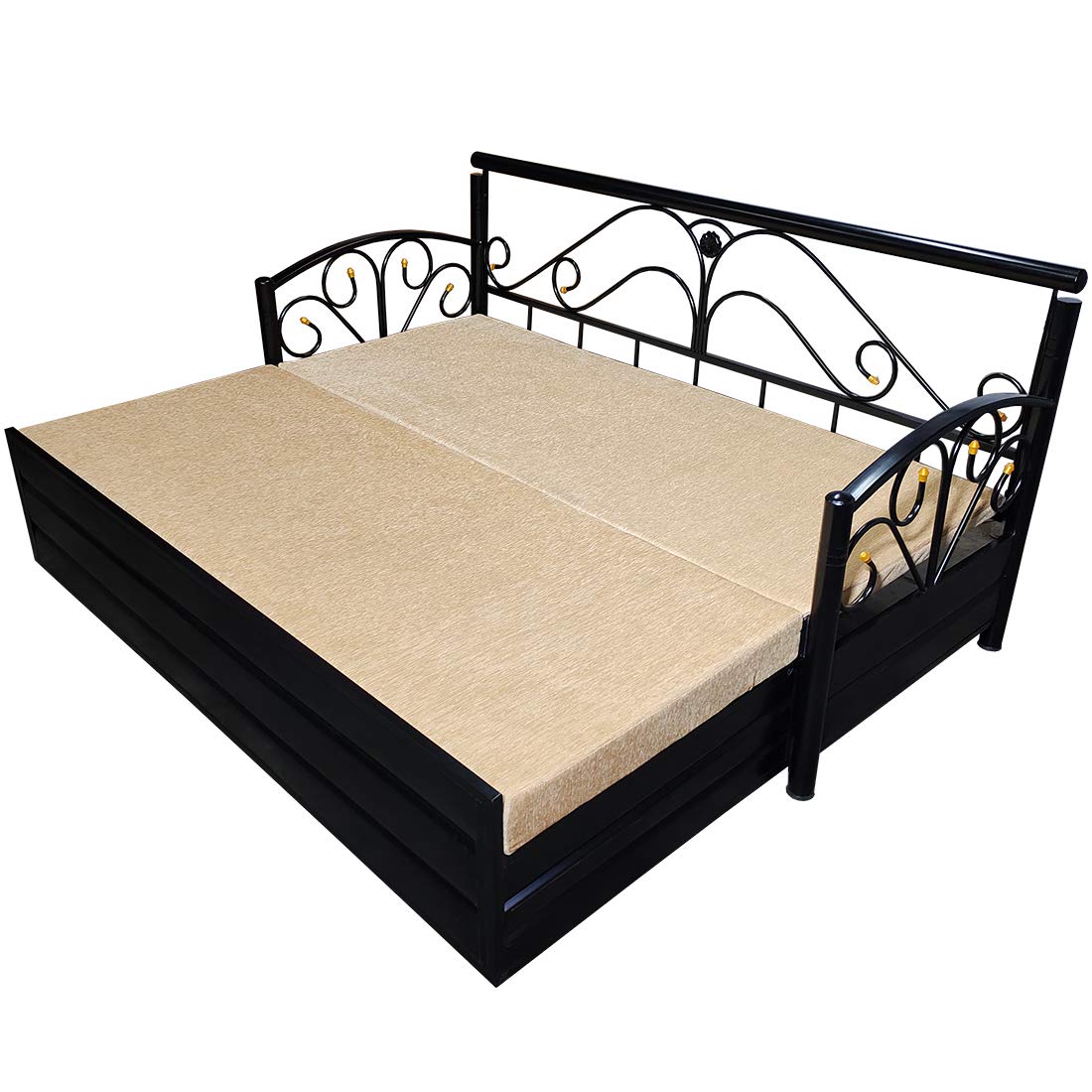 Matte Black Metal Sofa Cum Bed with Hydraulic Storage - 3 Seater | Cream (King Size) - Image 5
