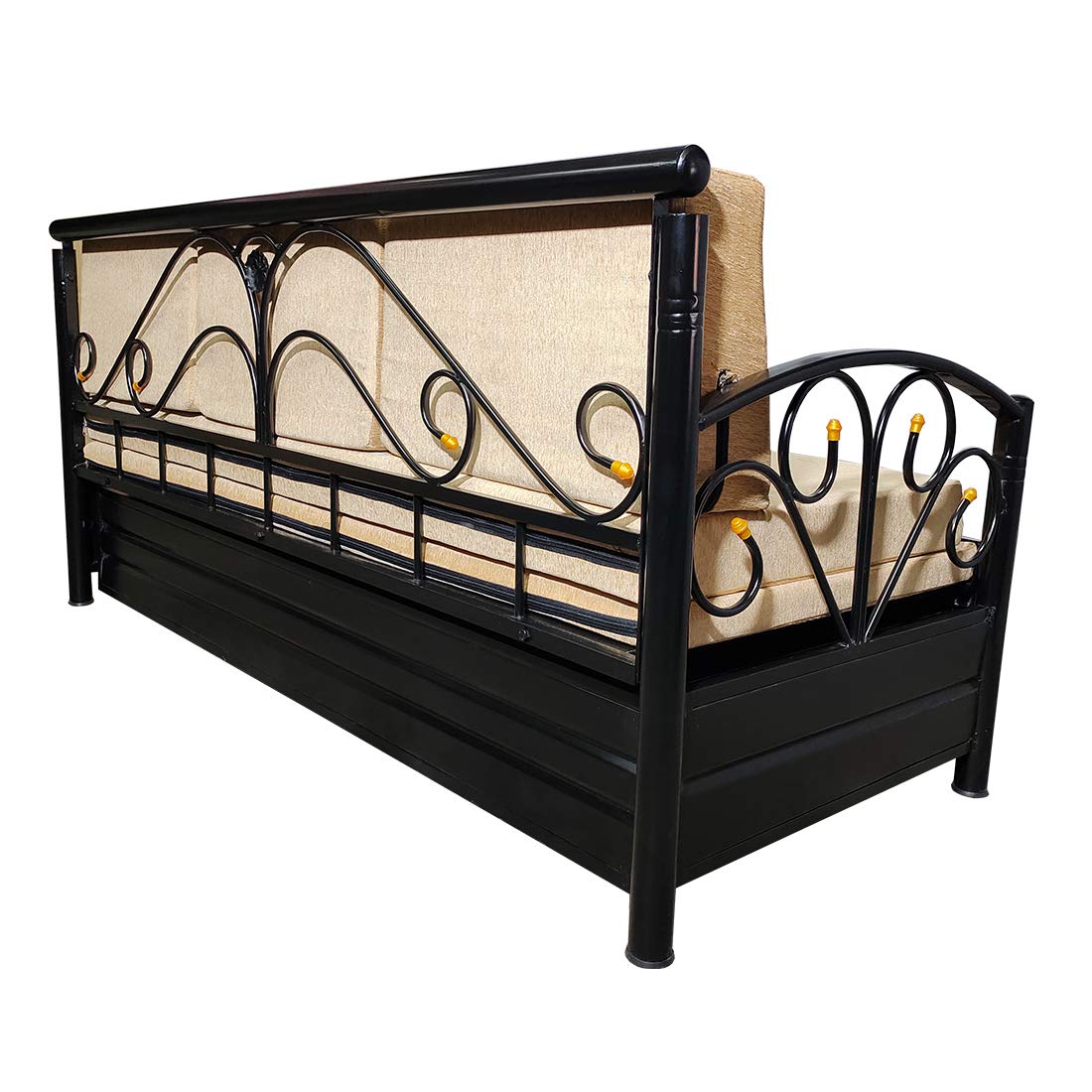 Matte Black Metal Sofa Cum Bed with Hydraulic Storage - 3 Seater | Cream (King Size) - Image 9