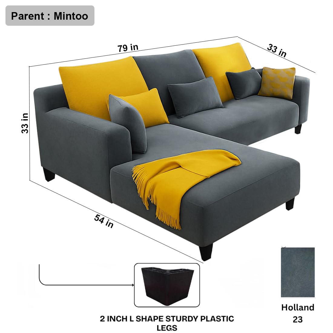 FURNY Mintora 4 Seater Fabric LHS L-Shape Sofa Set with Extra Cushions (Dark Grey) Premium Velvet Finish | Ideal of Living Room - Image 3
