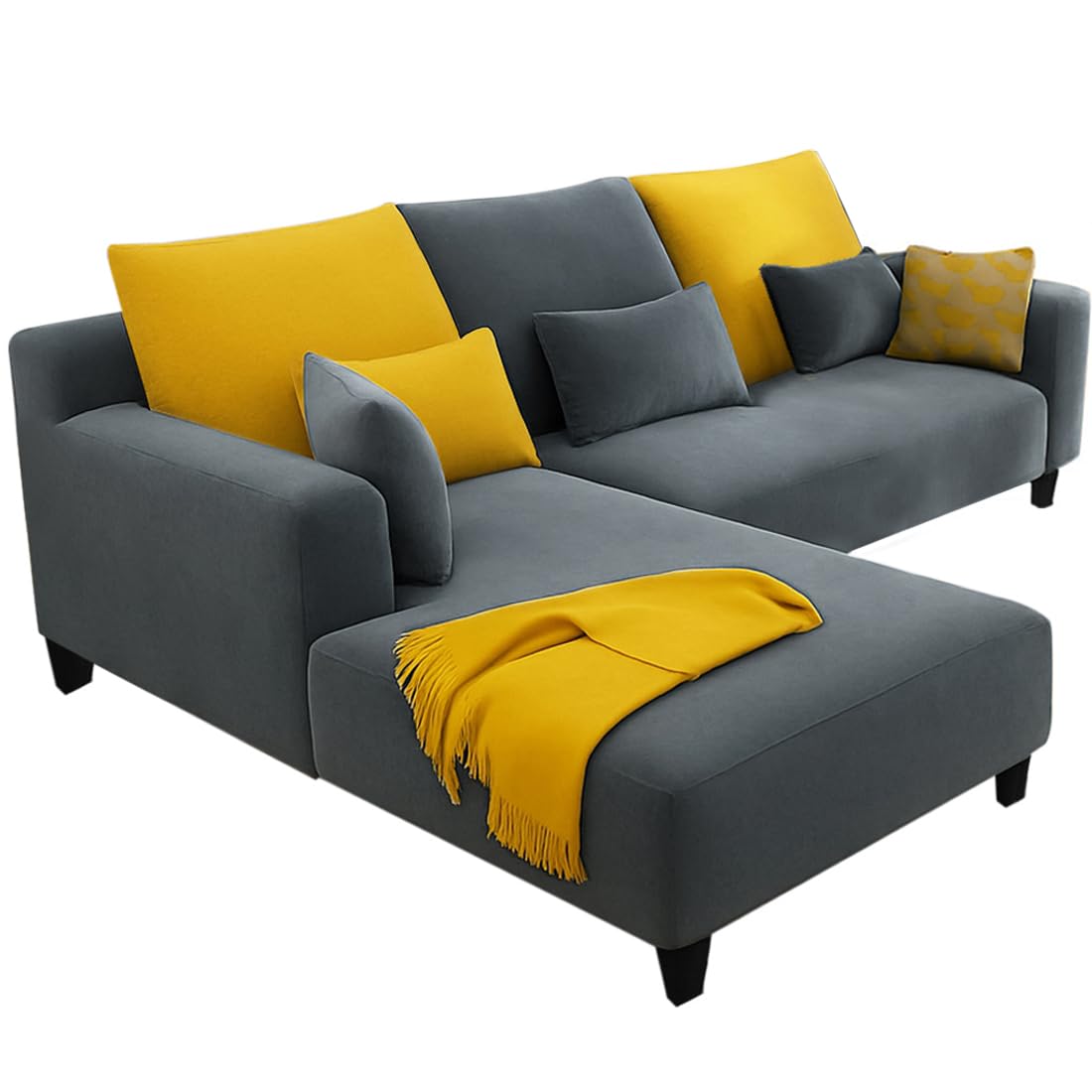 FURNY Mintora 4 Seater Fabric LHS L-Shape Sofa Set with Extra Cushions (Dark Grey) Premium Velvet Finish | Ideal of Living Room - Image 4