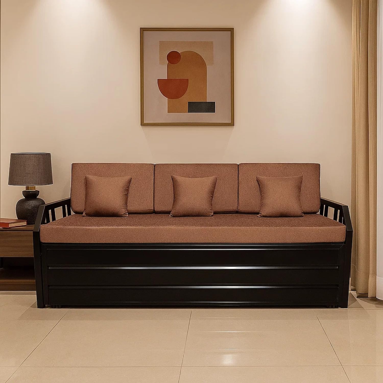 Elegant King Size Matte Black Metal Sofa Cum Bed with Hydraulic Storage - 3 Seater, Brown Fabric (6X6) - Image 3