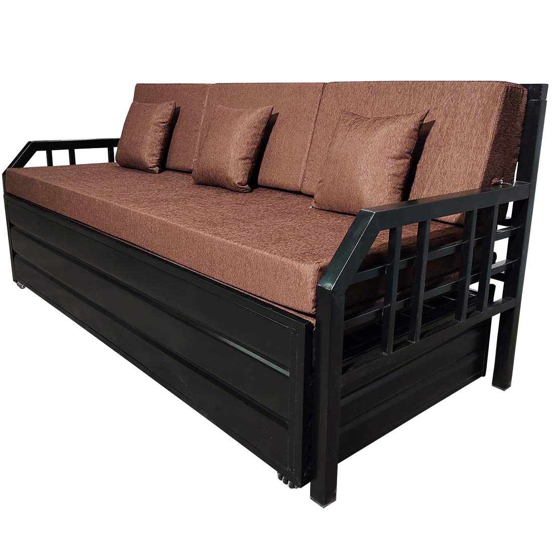 Elegant King Size Matte Black Metal Sofa Cum Bed with Hydraulic Storage - 3 Seater, Brown Fabric (6X6) - Image 5
