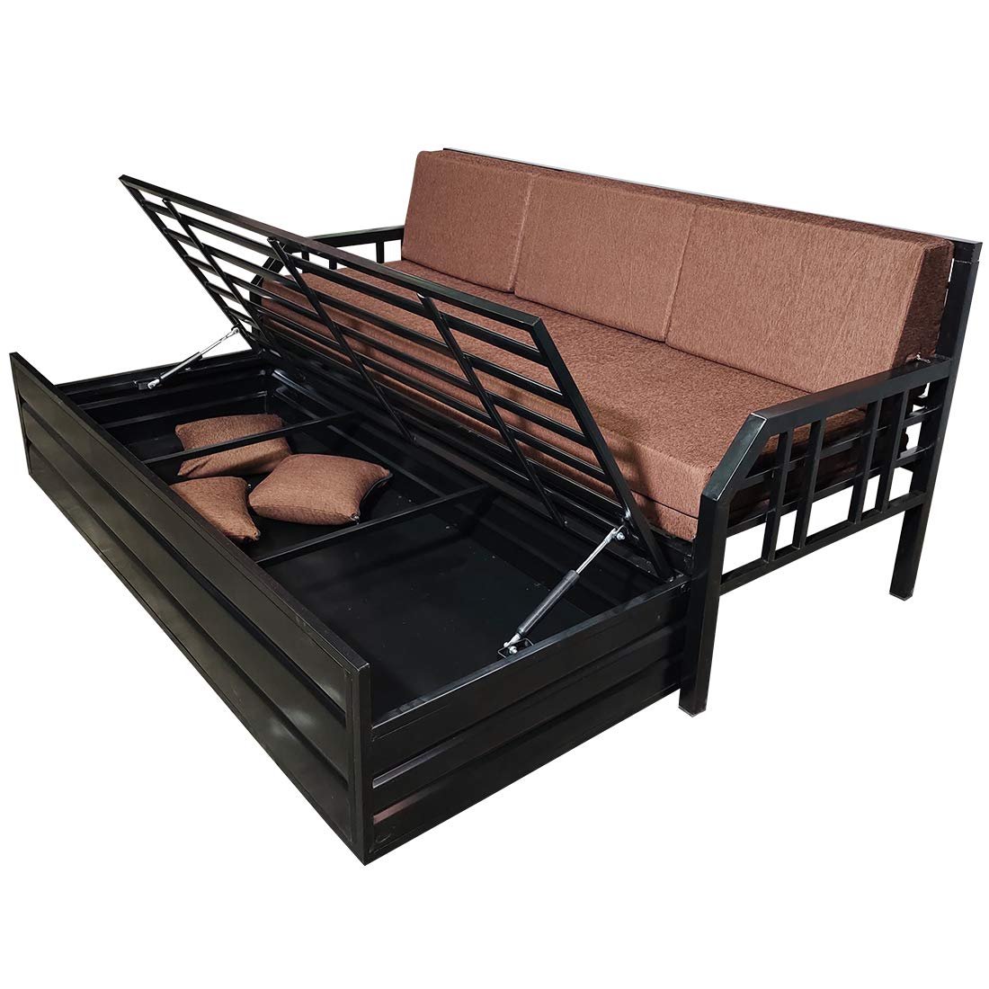 Elegant King Size Matte Black Metal Sofa Cum Bed with Hydraulic Storage - 3 Seater, Brown Fabric (6X6) - Image 6
