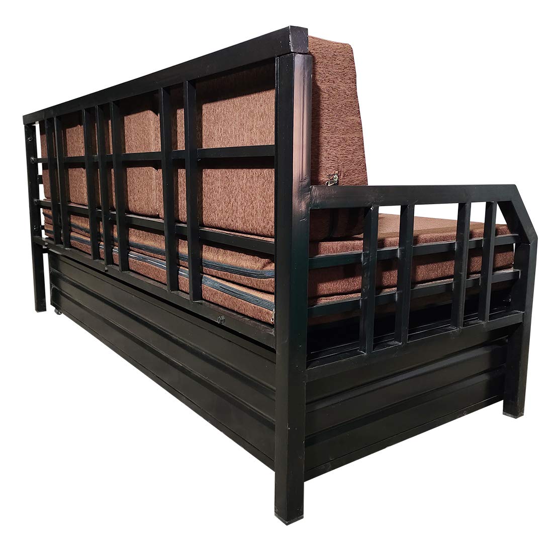 Elegant King Size Matte Black Metal Sofa Cum Bed with Hydraulic Storage - 3 Seater, Brown Fabric (6X6) - Image 9