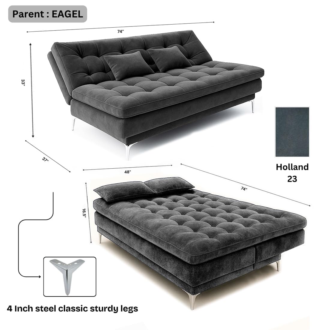 FURNY Eagel 3 Seater Fabric Sofa Cum Bed with 2 Cushions (Dark Grey) with Velvet Fabric | Durable with Comfort | Perfect for Living Room, Bedrooms, Offices - Image 3