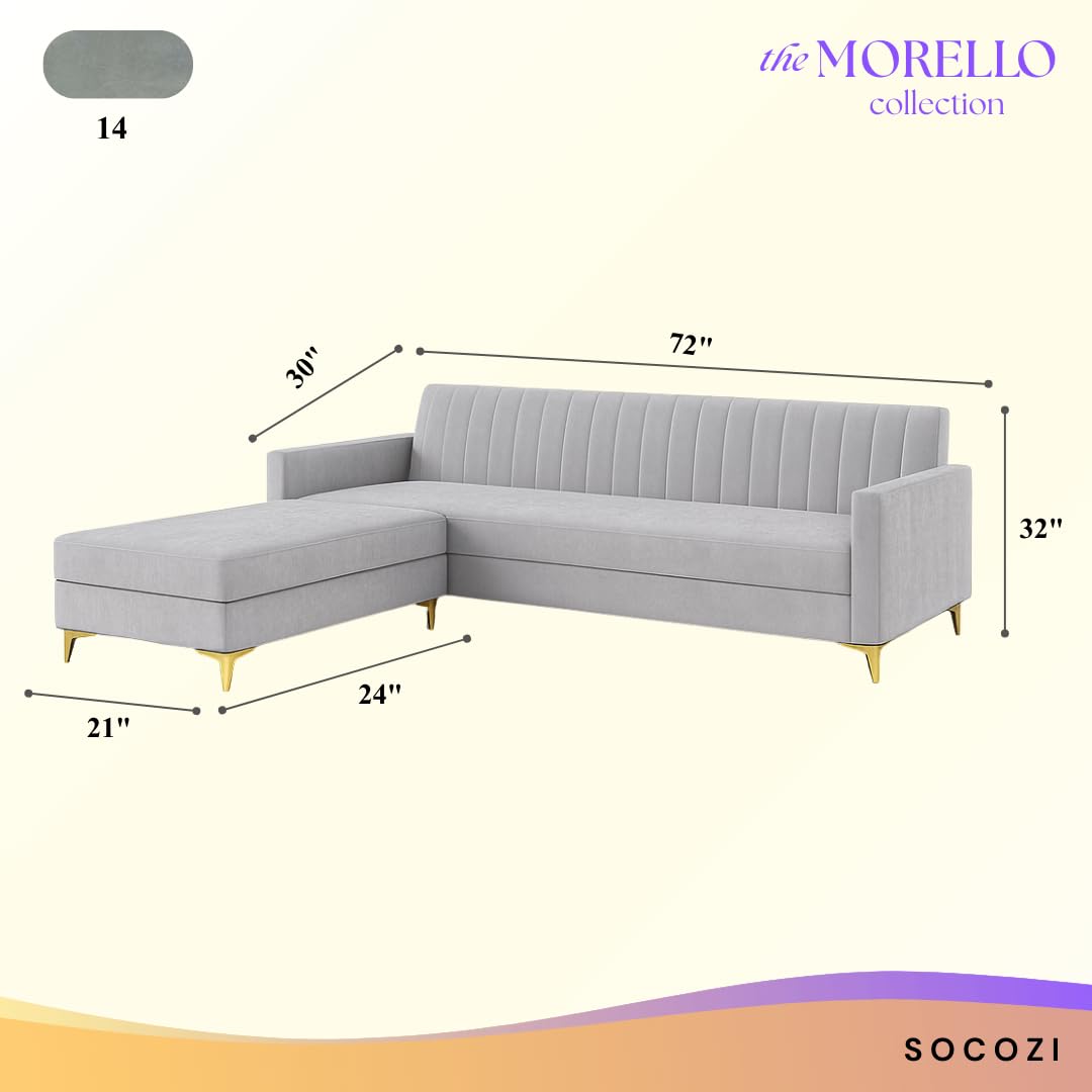 Morello 3 Seater Modular L Shape Sofa Set with Ottoman | Soft Velvet Suede Fabric | Modern Design | Plush Comfort Cushions for Living Room (Light Grey) - Image 3