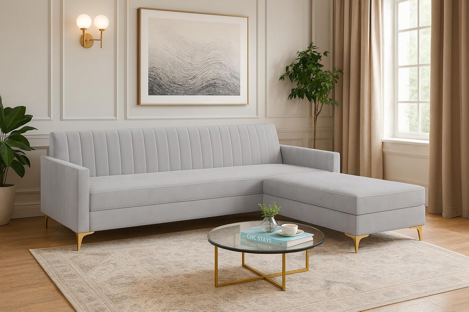 Morello 3 Seater Modular L Shape Sofa Set with Ottoman | Soft Velvet Suede Fabric | Modern Design | Plush Comfort Cushions for Living Room (Light Grey) - Image 4