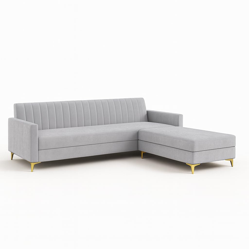 Morello 3 Seater Modular L Shape Sofa Set with Ottoman | Soft Velvet Suede Fabric | Modern Design | Plush Comfort Cushions for Living Room (Light Grey) - Image 5