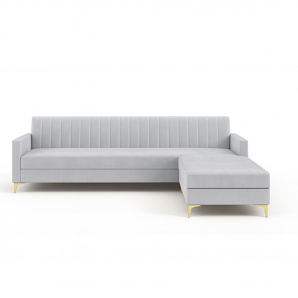 Morello 3 Seater Modular L Shape Sofa Set with Ottoman | Soft Velvet Suede Fabric | Modern Design | Plush Comfort Cushions for Living Room (Light Grey) - Image 6