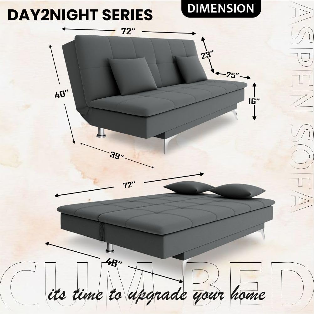 Adorn India Premium New Aspen 3 Seater Sofa Cum Bed 4X6 Velvet Suede with 2 Cushions (Color Dark Grey) and Suitable for All Indoor, with 3 Years Warranty - Image 3