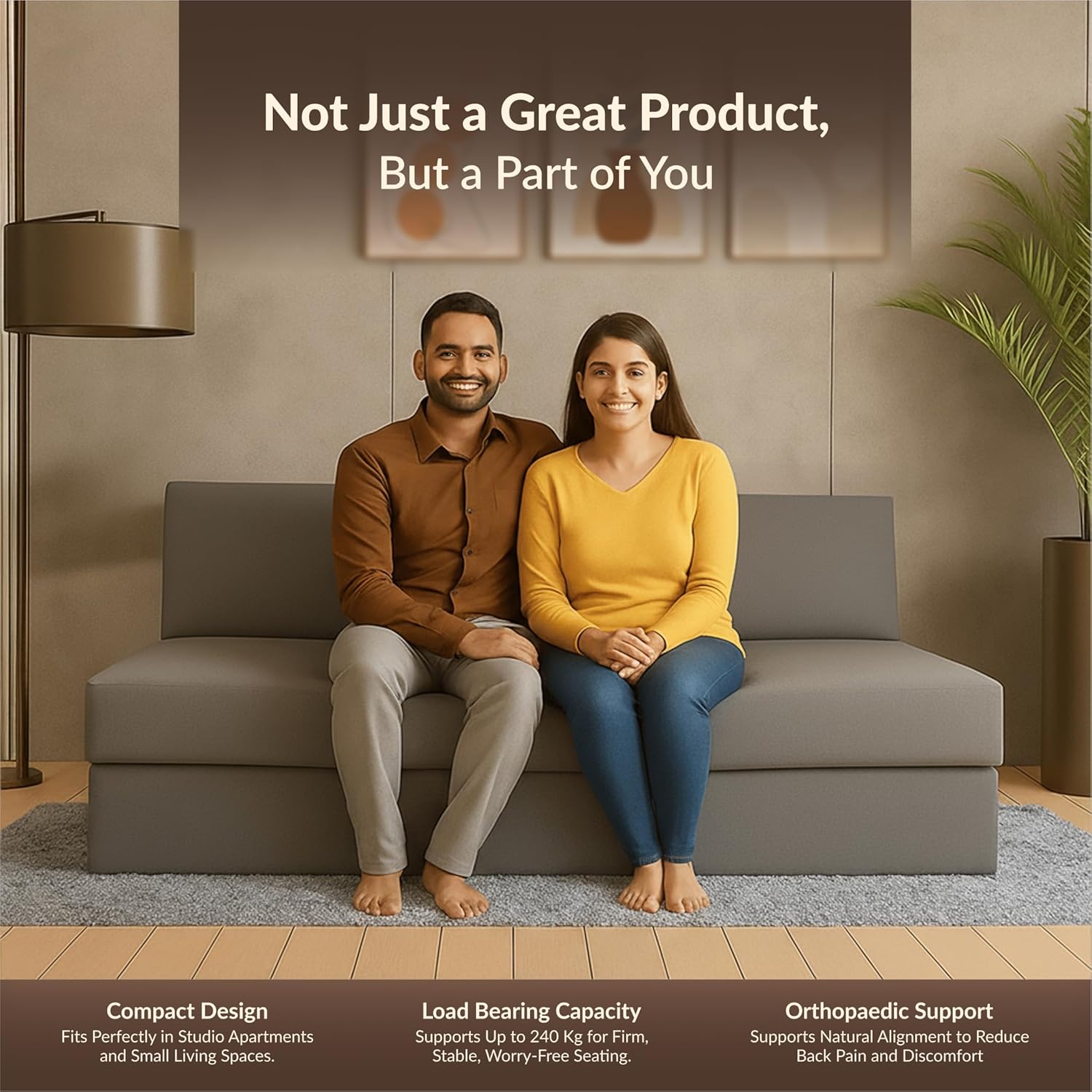 SleepyHug FoldPRO Sofa-Cum-Bed | 3-in-1 Convertible Sofa, Lounger & Bed | TouchSense Technology | HR Foam | Lightweight | 3-Seater | Double Bed | Without Pillow | Grey, 1-Year Warranty - Image 4