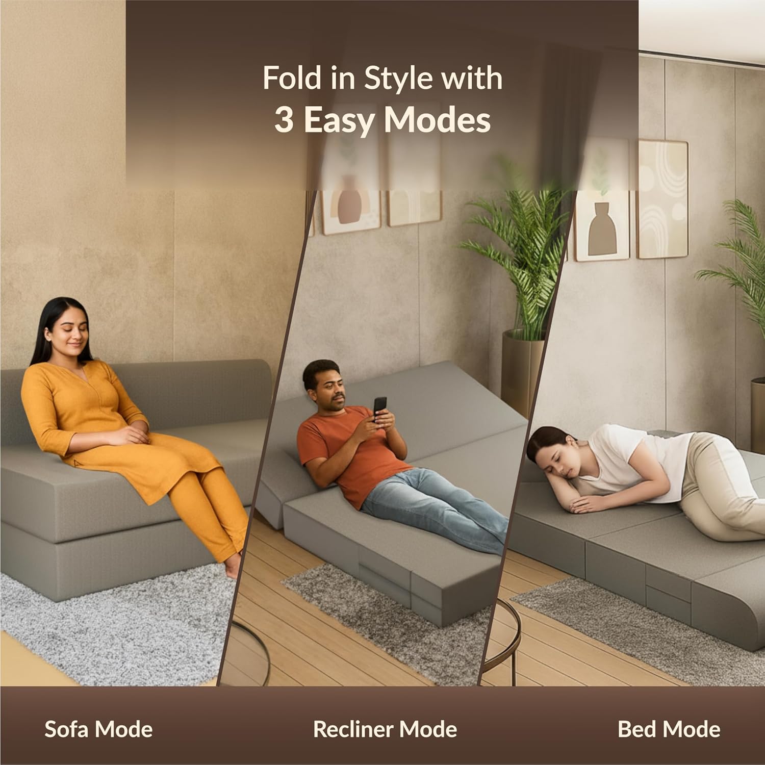 SleepyHug FoldPRO Sofa-Cum-Bed | 3-in-1 Convertible Sofa, Lounger & Bed | TouchSense Technology | HR Foam | Lightweight | 3-Seater | Double Bed | Without Pillow | Grey, 1-Year Warranty - Image 5