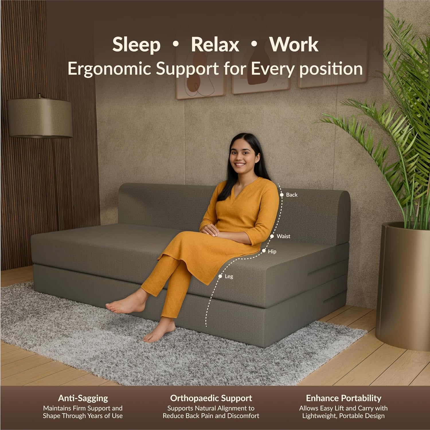 SleepyHug FoldPRO Sofa-Cum-Bed | 3-in-1 Convertible Sofa, Lounger & Bed | TouchSense Technology | HR Foam | Lightweight | 3-Seater | Double Bed | Without Pillow | Grey, 1-Year Warranty - Image 7