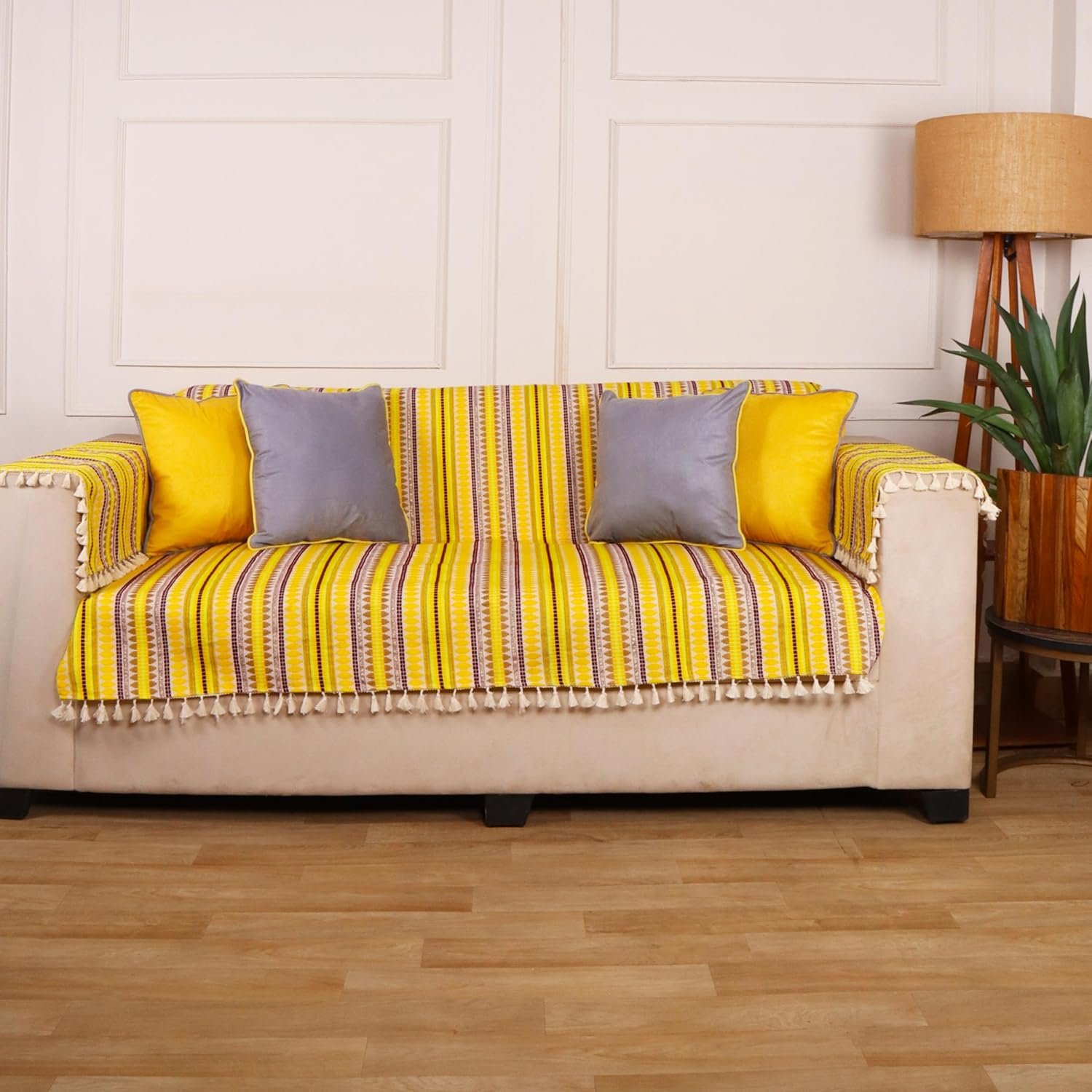 STITCHNEST Woven 1 Seater Sofa Protector with 2 Hand Rest Covers – Yellow & White Stripe Design – Washable Fabric with Tassels – Stylish Sofa Cover for Modern Living Room & Furniture Décor - Image 3