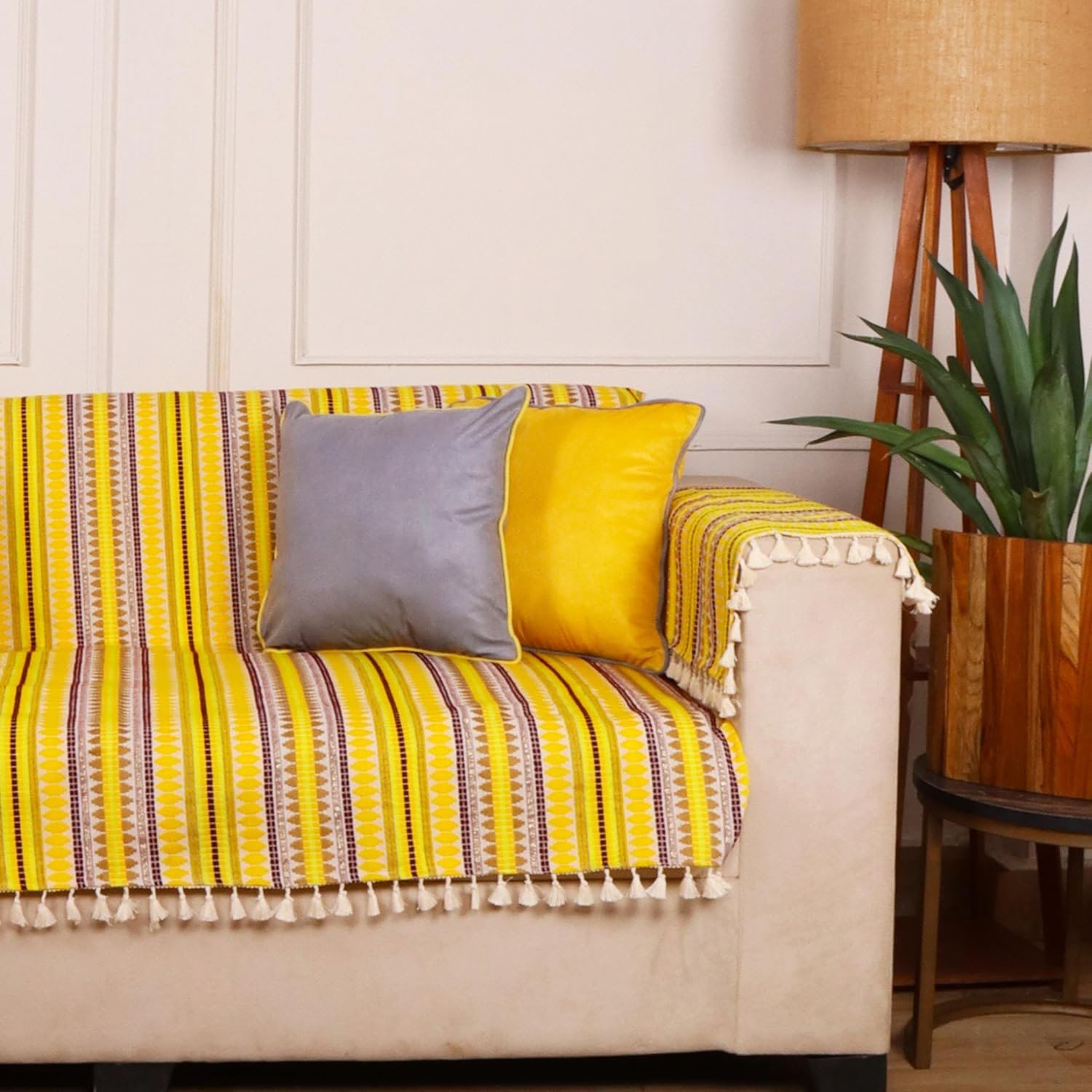 STITCHNEST Woven 1 Seater Sofa Protector with 2 Hand Rest Covers – Yellow & White Stripe Design – Washable Fabric with Tassels – Stylish Sofa Cover for Modern Living Room & Furniture Décor - Image 4
