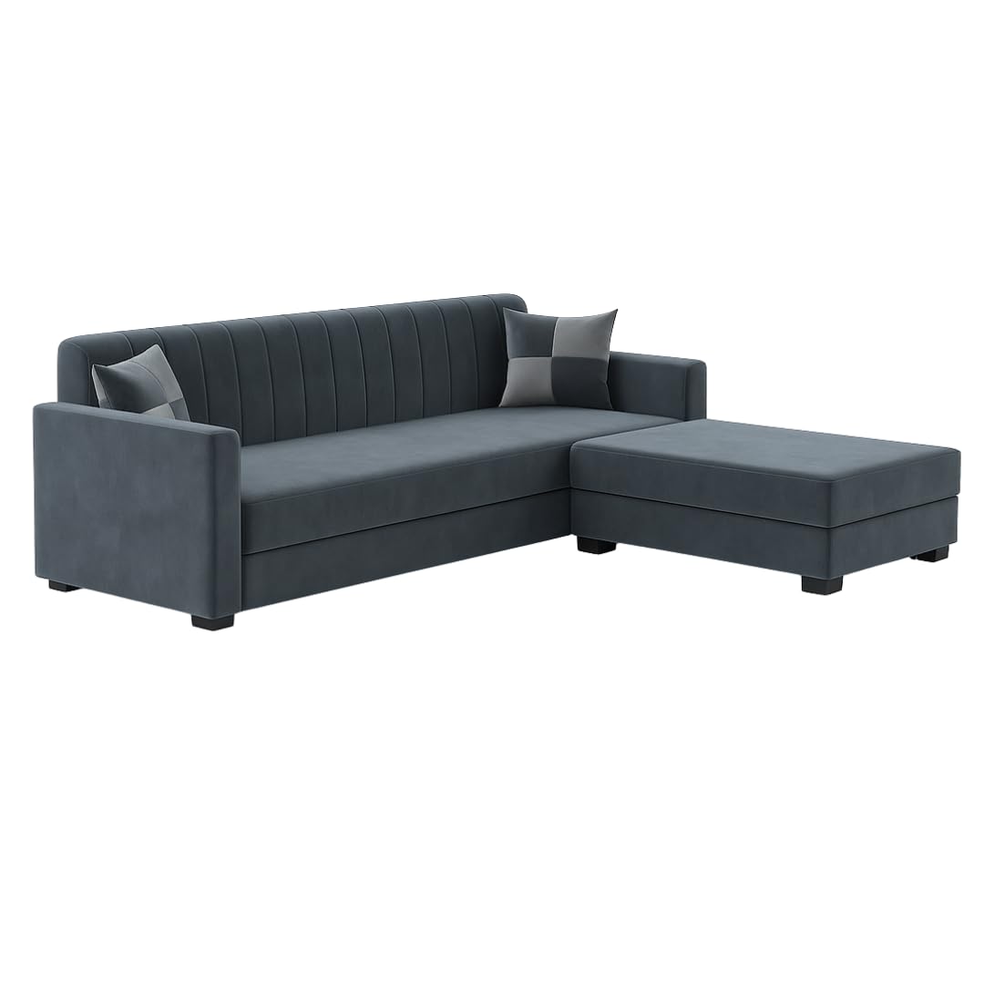 FURNY Korelon 3 Seater Fabric Modular Sofa Set with Ottoman (Dark Grey) | Premium Velvet Fabric | Durable Comfort | Ideal for Living Room - Image 4